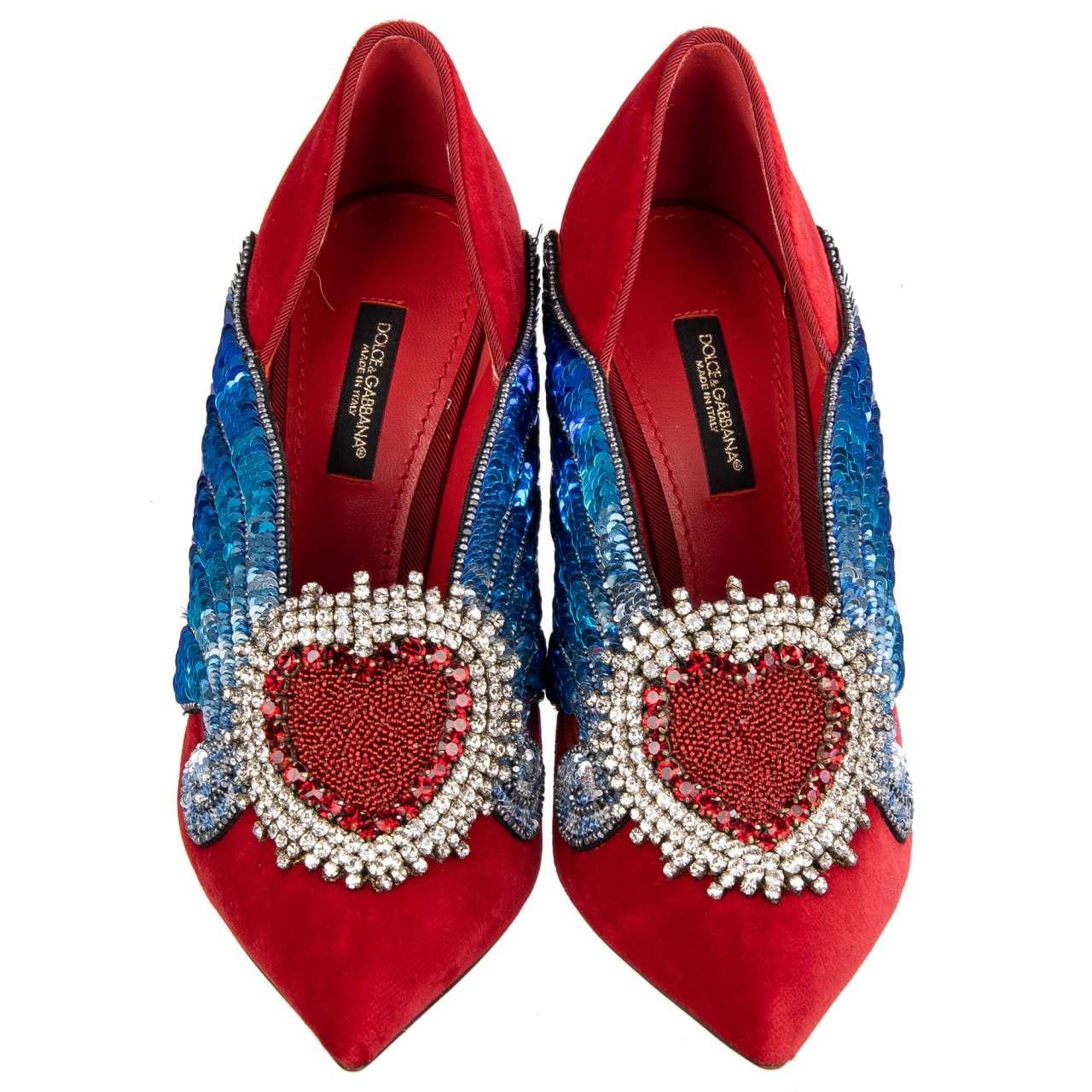 Dolce & Gabbana Velvet Sacred Heart Wings Embroidered Pumps LORI Red EUR 35.5 For Sale 1