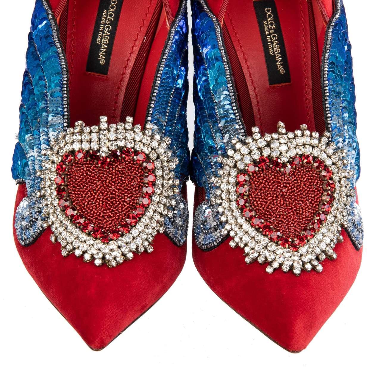 Dolce & Gabbana Velvet Sacred Heart Wings Embroidered Pumps LORI Red EUR 35.5 For Sale 2