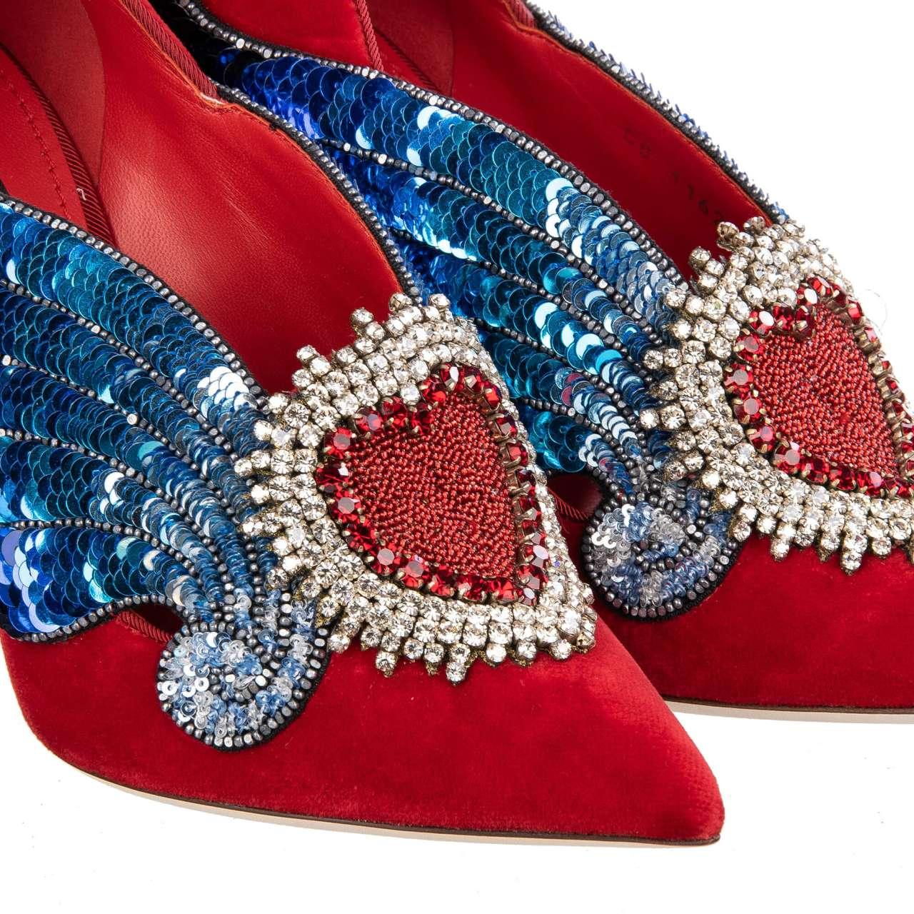Dolce & Gabbana Velvet Sacred Heart Wings Embroidered Pumps LORI Red EUR 36 For Sale 3