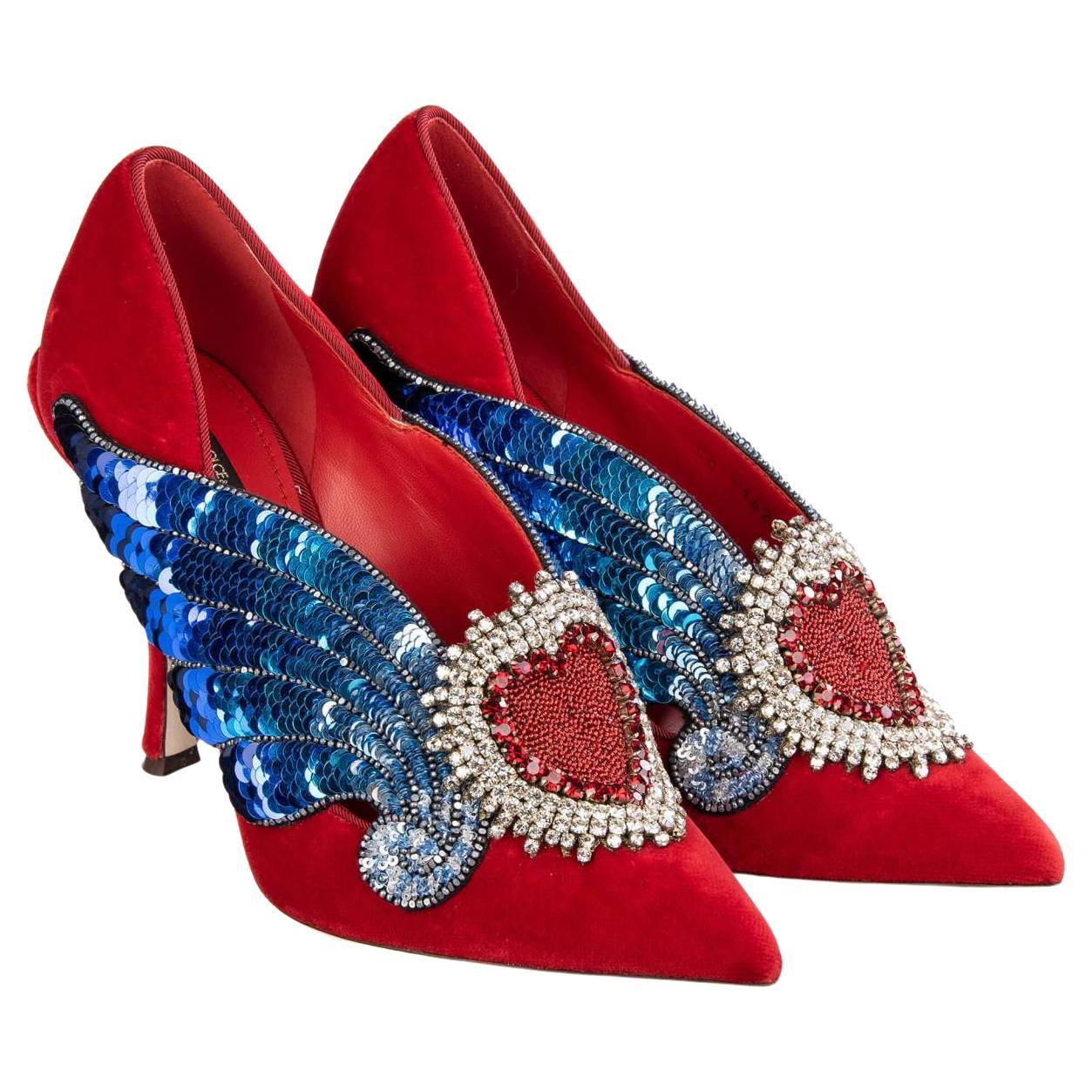 Dolce & Gabbana Velvet Sacred Heart Wings Embroidered Pumps LORI Red EUR 36 For Sale