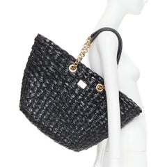 DOLCE GABBANA Vernice Vitello black lacquered raffia woven coffa large tote bag