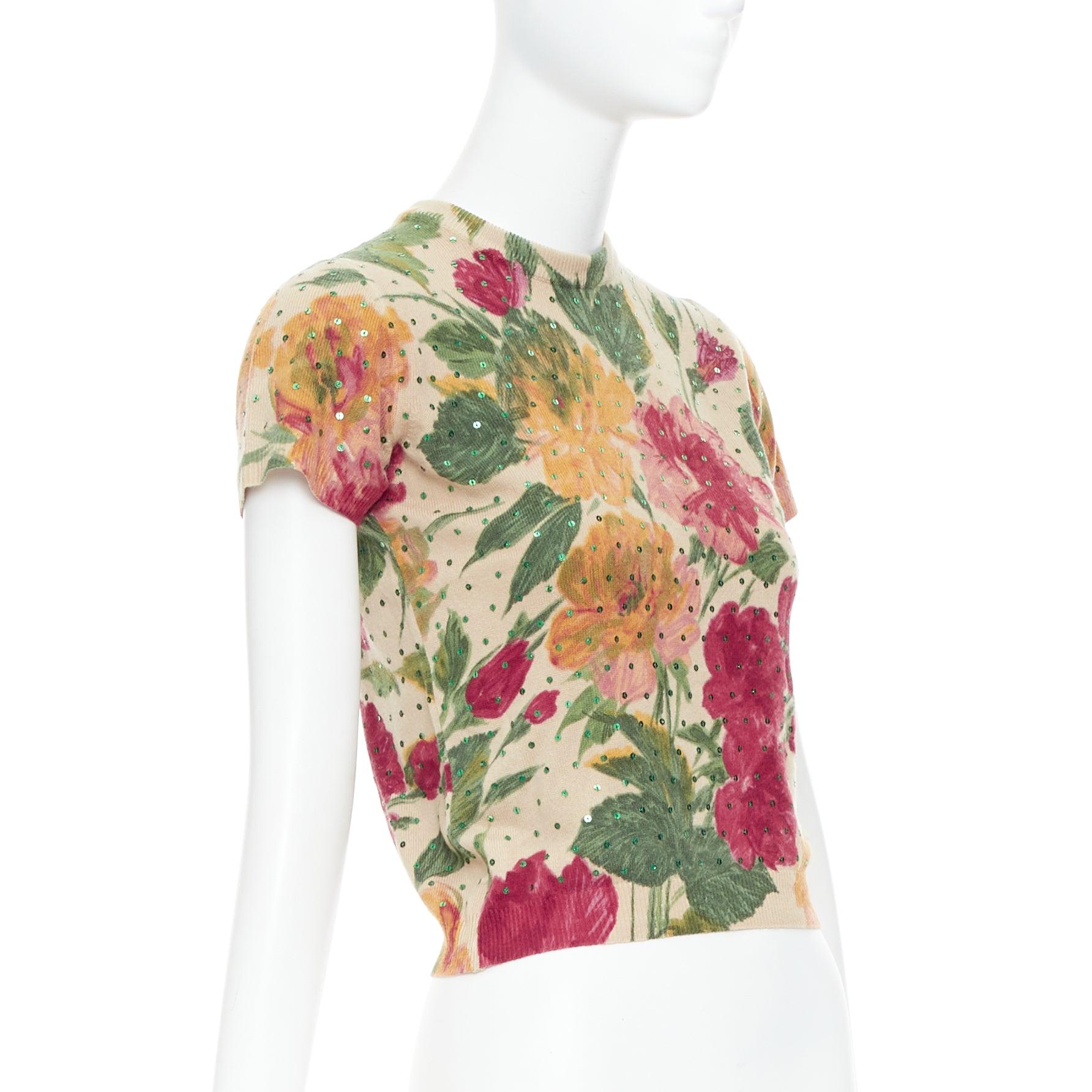 Brown DOLCE GABBANA Vintage 100% cashmere sequins floral print knit top IT42 M