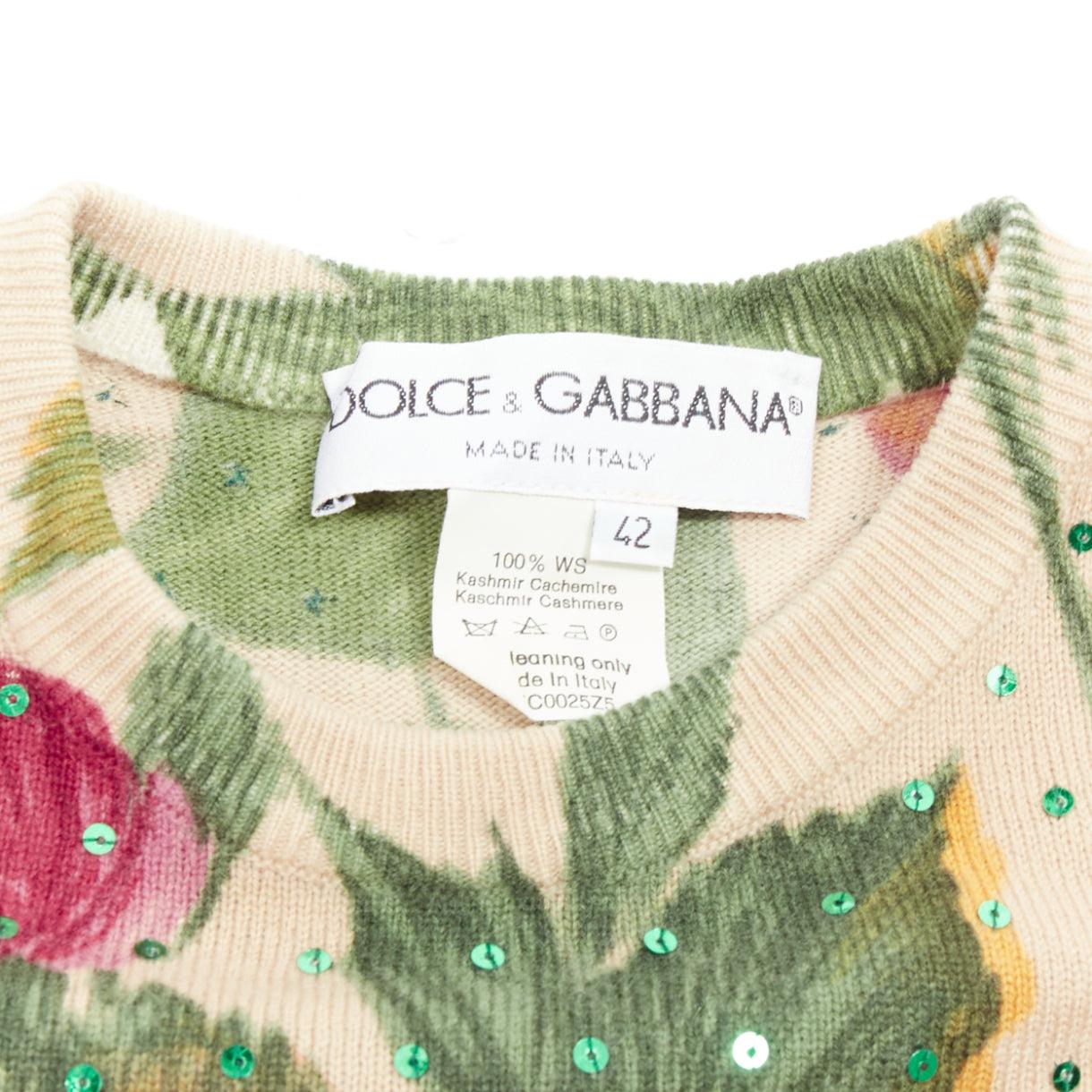 DOLCE GABBANA Vintage 100% cashmere sequins floral print knit top IT42 M 3
