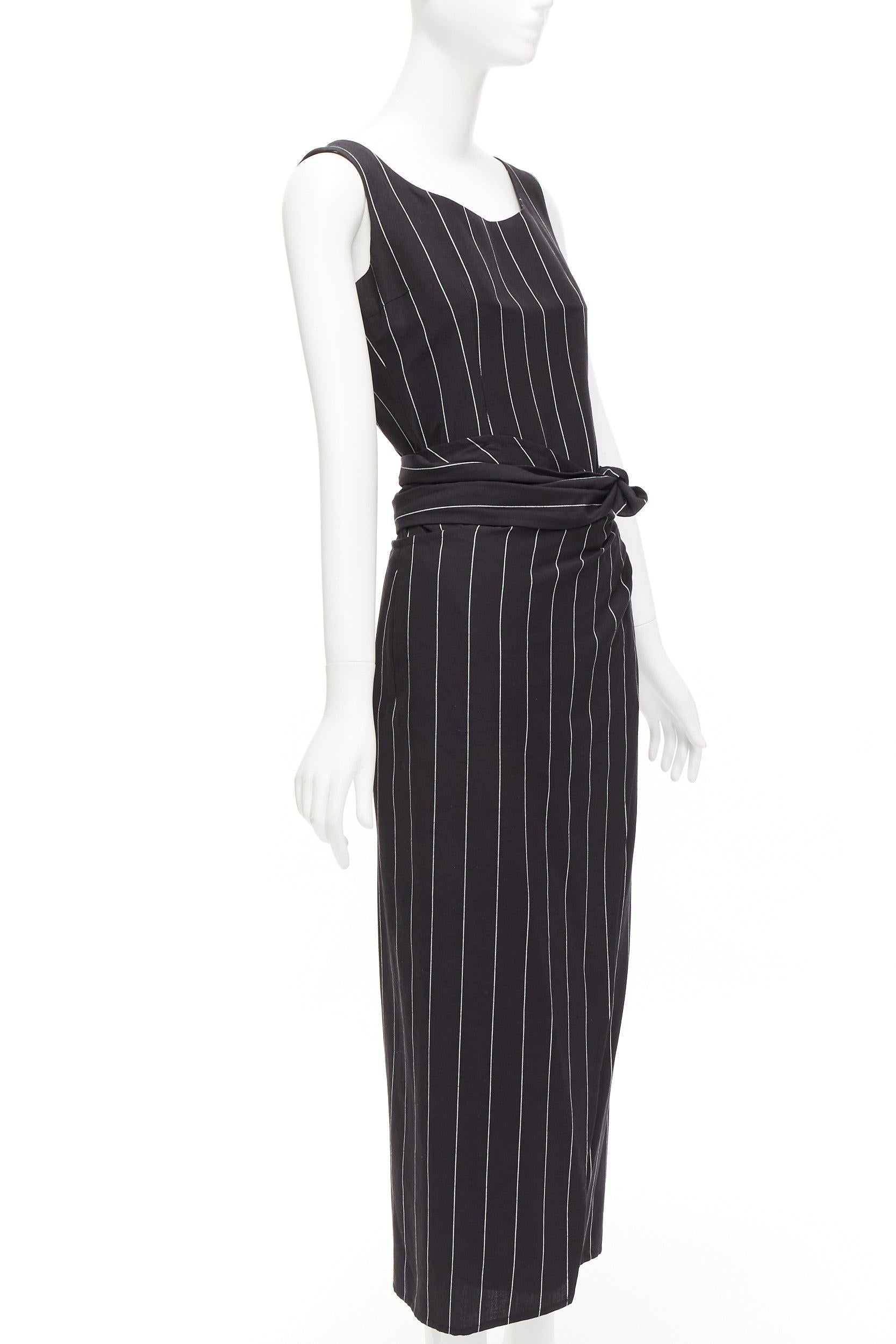 DOLCE GABBANA Vintage 1990s black linen striped top wrap skirt set 63cm waist In Good Condition For Sale In Hong Kong, NT