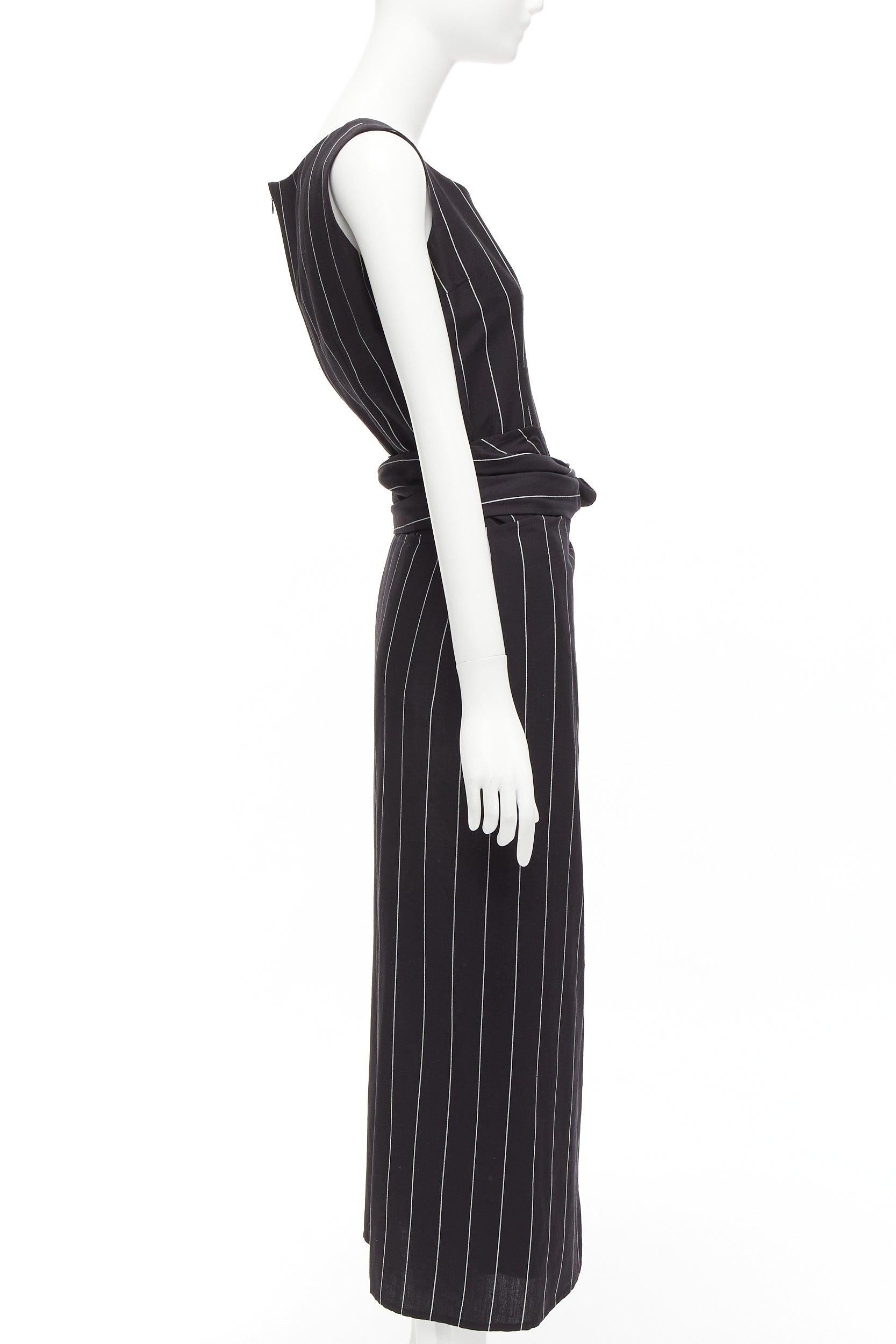DOLCE GABBANA Vintage 1990s schwarzes Leinen gestreiftes Oberteil Wickelrock Set 63cm Taille Damen im Angebot