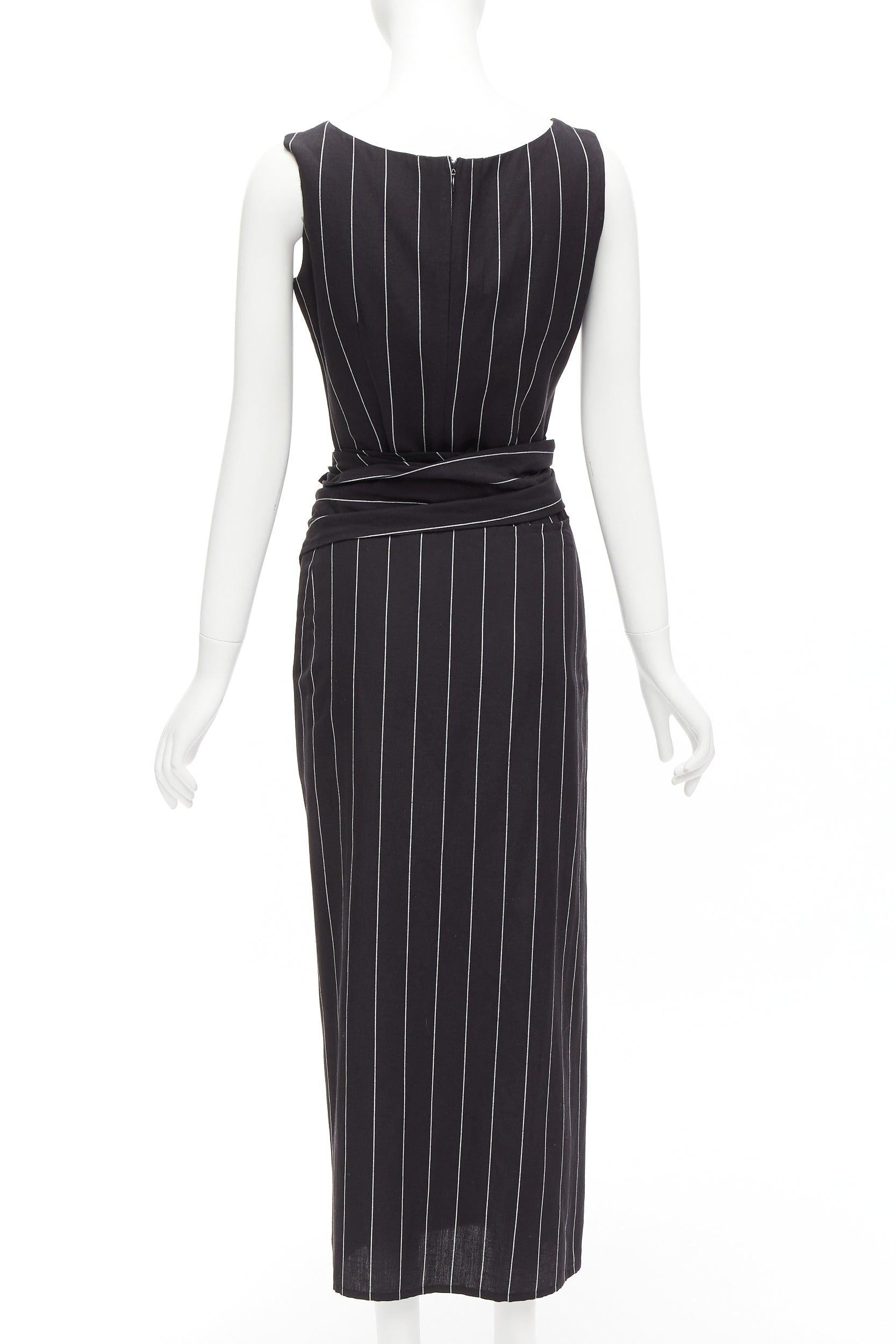 DOLCE GABBANA Vintage 1990 lin noir rayé top wrap skirt set 63cm waist en vente 1