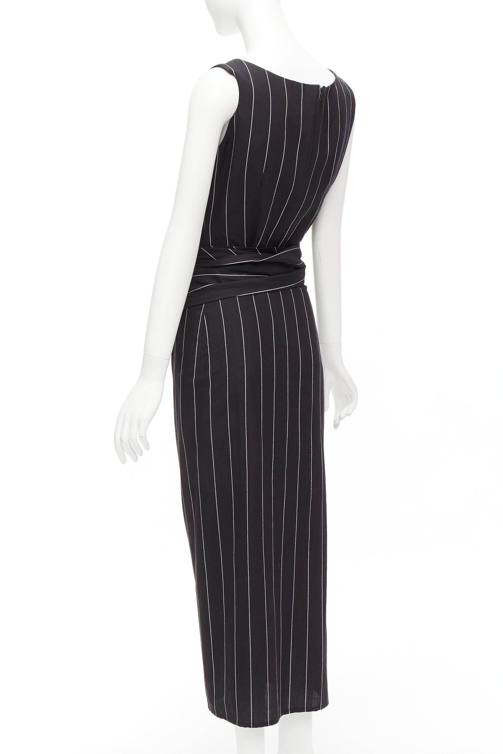 DOLCE GABBANA Vintage 1990 lin noir rayé top wrap skirt set 63cm waist en vente 2