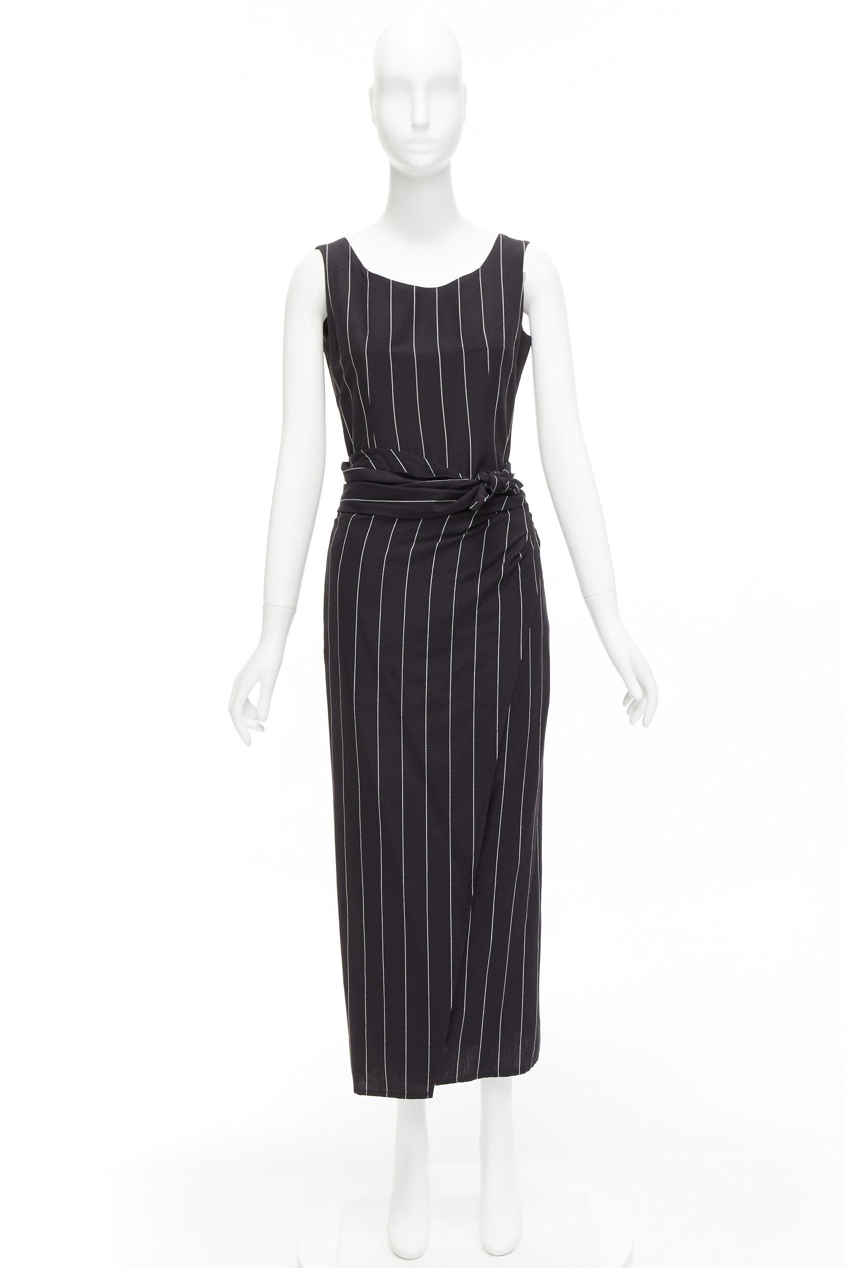 DOLCE GABBANA Vintage 1990s black linen striped top wrap skirt set 63cm waist For Sale 5