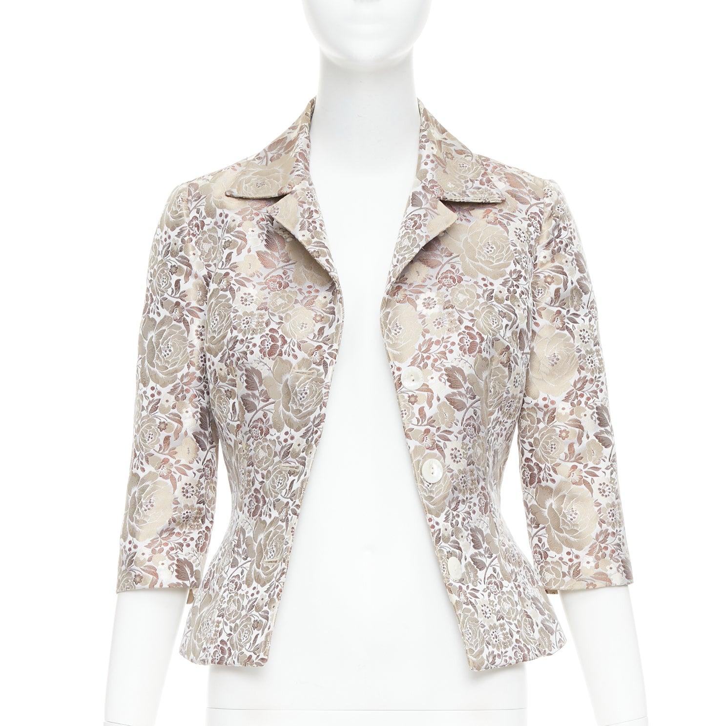 Beige DOLCE GABBANA Vintage 1990s floral jacquard cropped blazer jacket IT38 XS For Sale