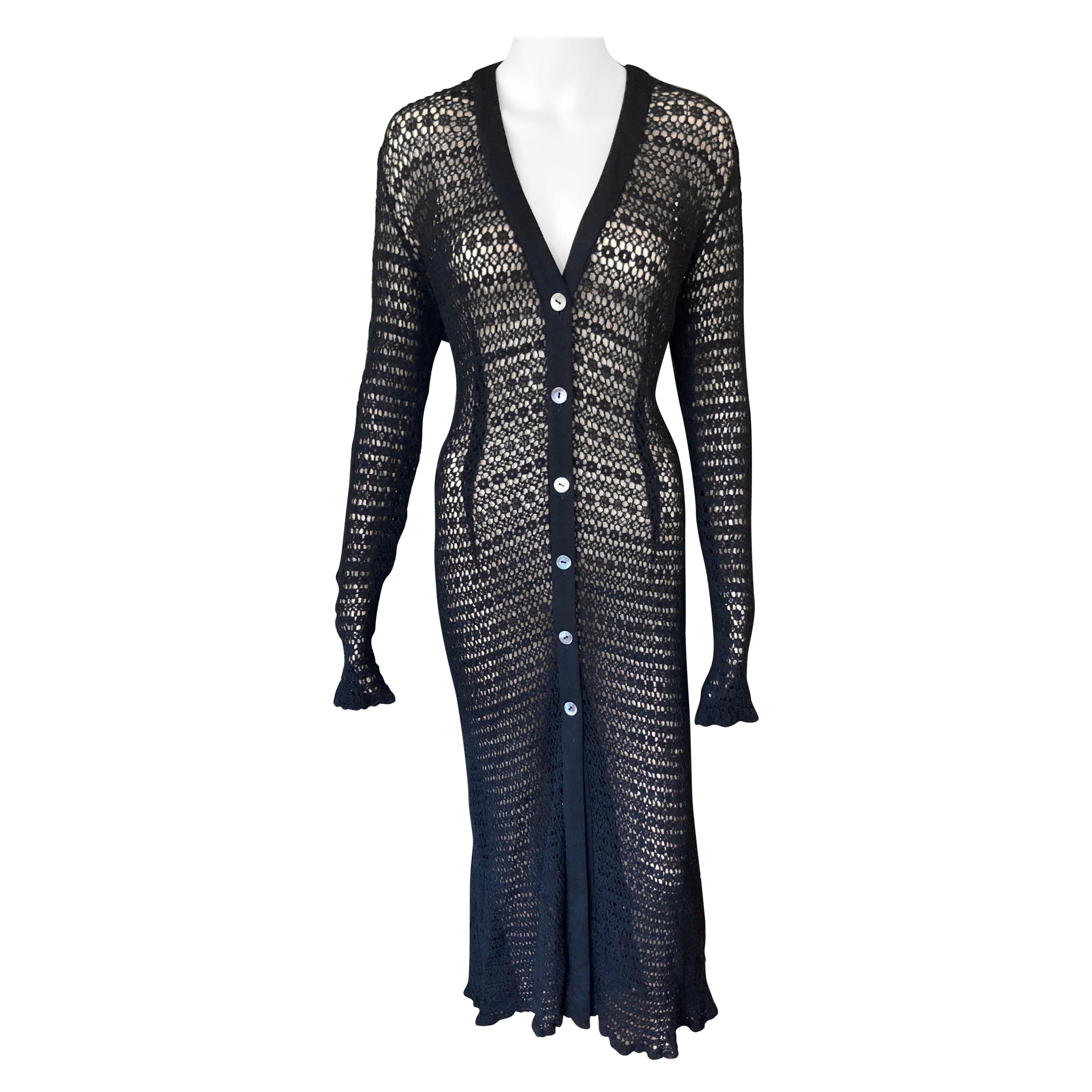 Dolce & Gabbana Vintage 1990's Sheer Open Knit Crochet Fishnet Black Maxi Dress For Sale