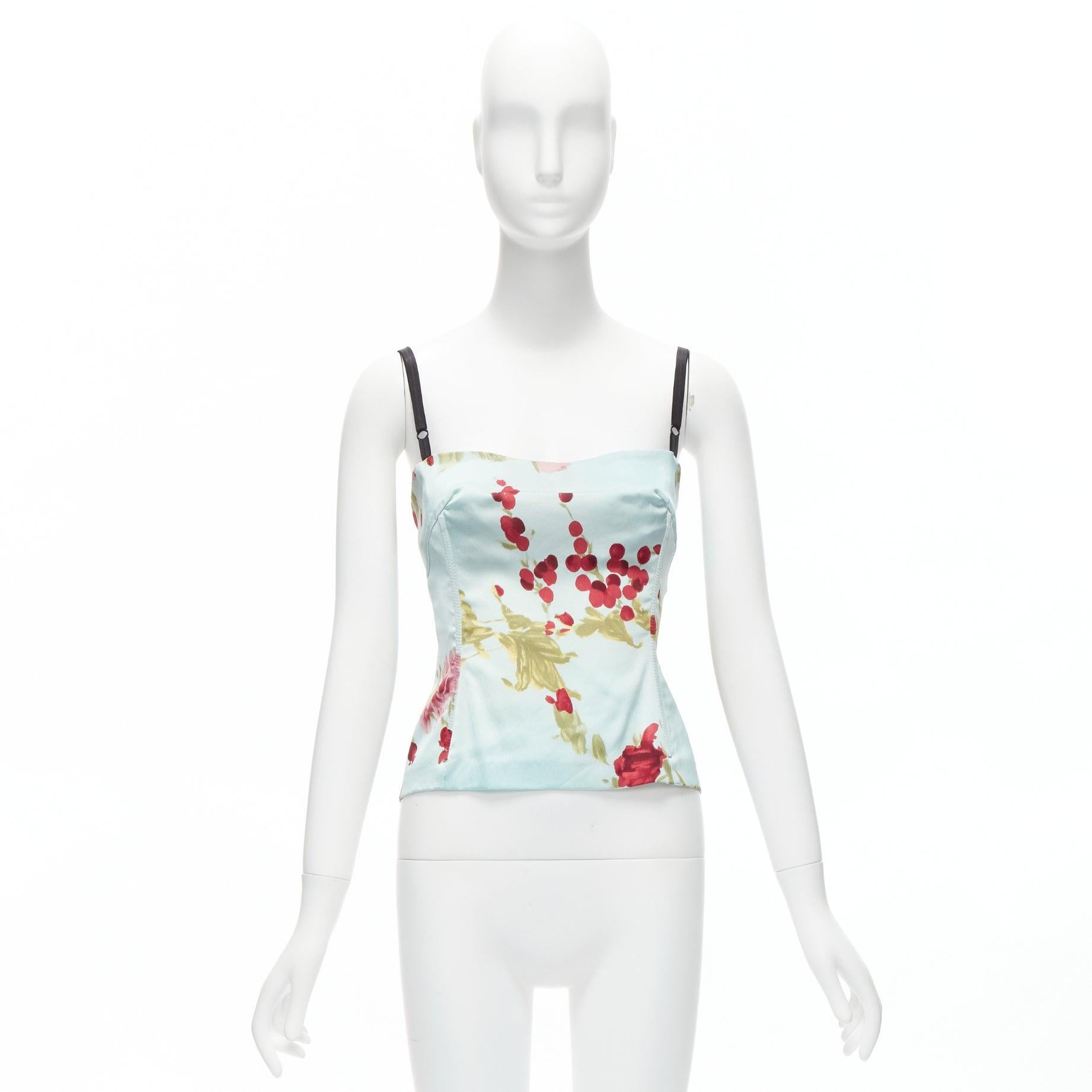 DOLCE GABBANA Vintage baby blue satin red rose print boned cami top IT40A S For Sale 5