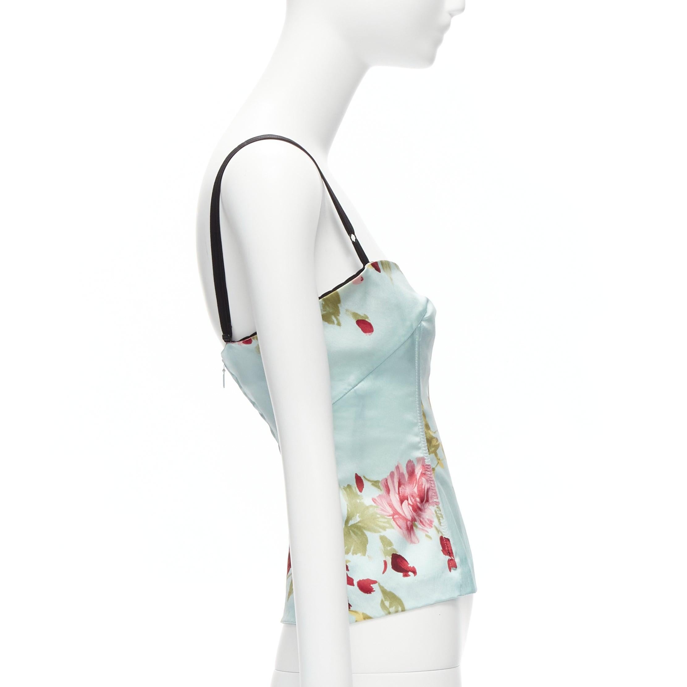 DOLCE GABBANA Vintage baby blue satin red rose print boned cami top IT40A S In Excellent Condition For Sale In Hong Kong, NT