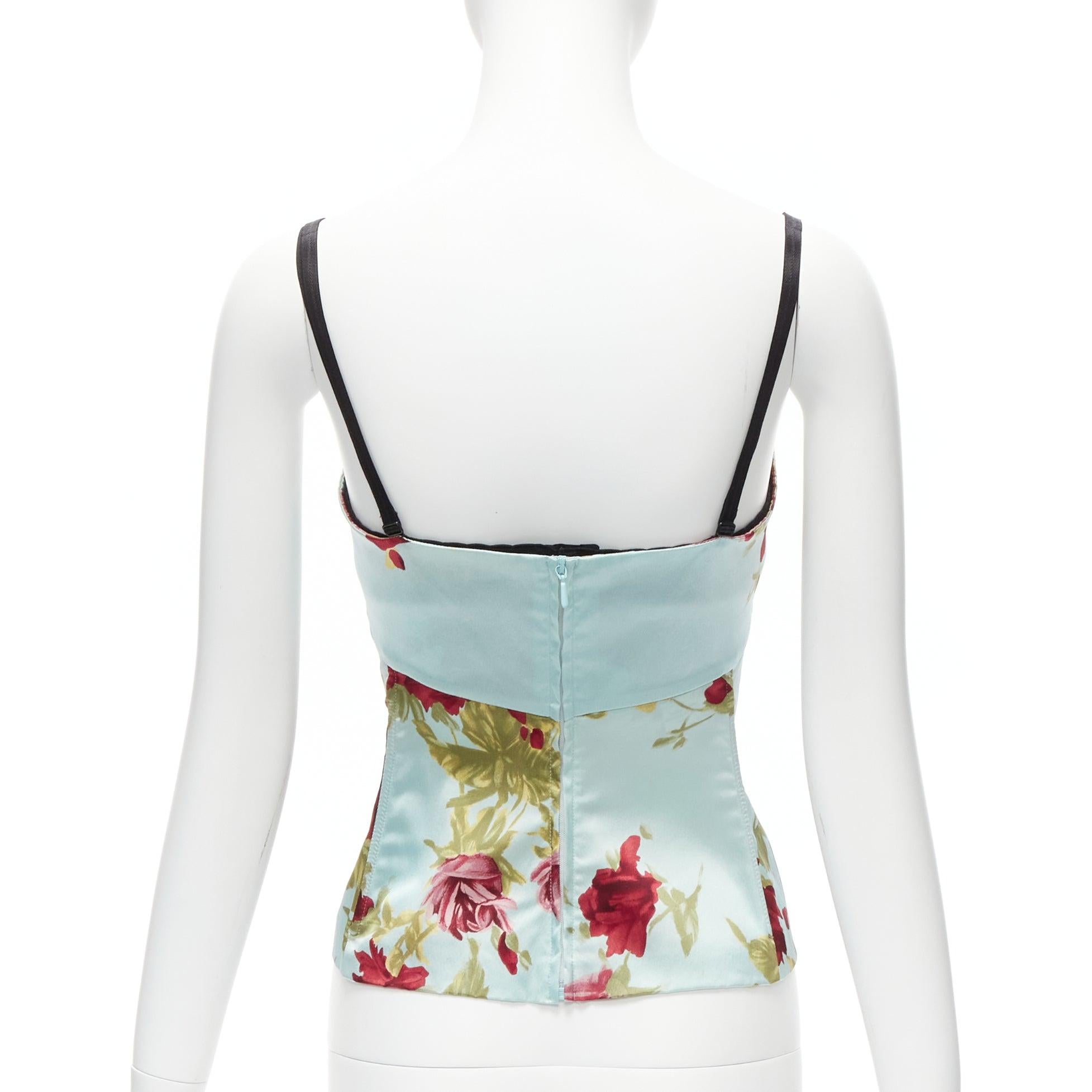 Women's DOLCE GABBANA Vintage baby blue satin red rose print boned cami top IT40A S For Sale