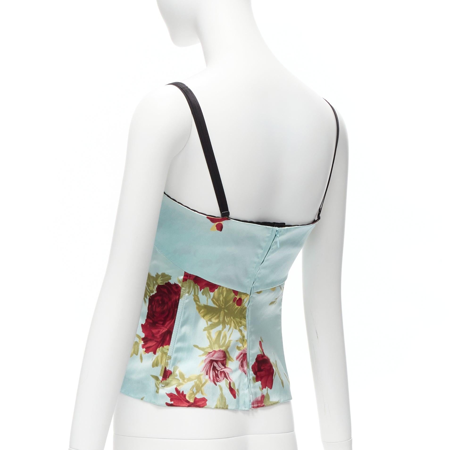 DOLCE GABBANA Vintage baby blue satin red rose print boned cami top IT40A S For Sale 1