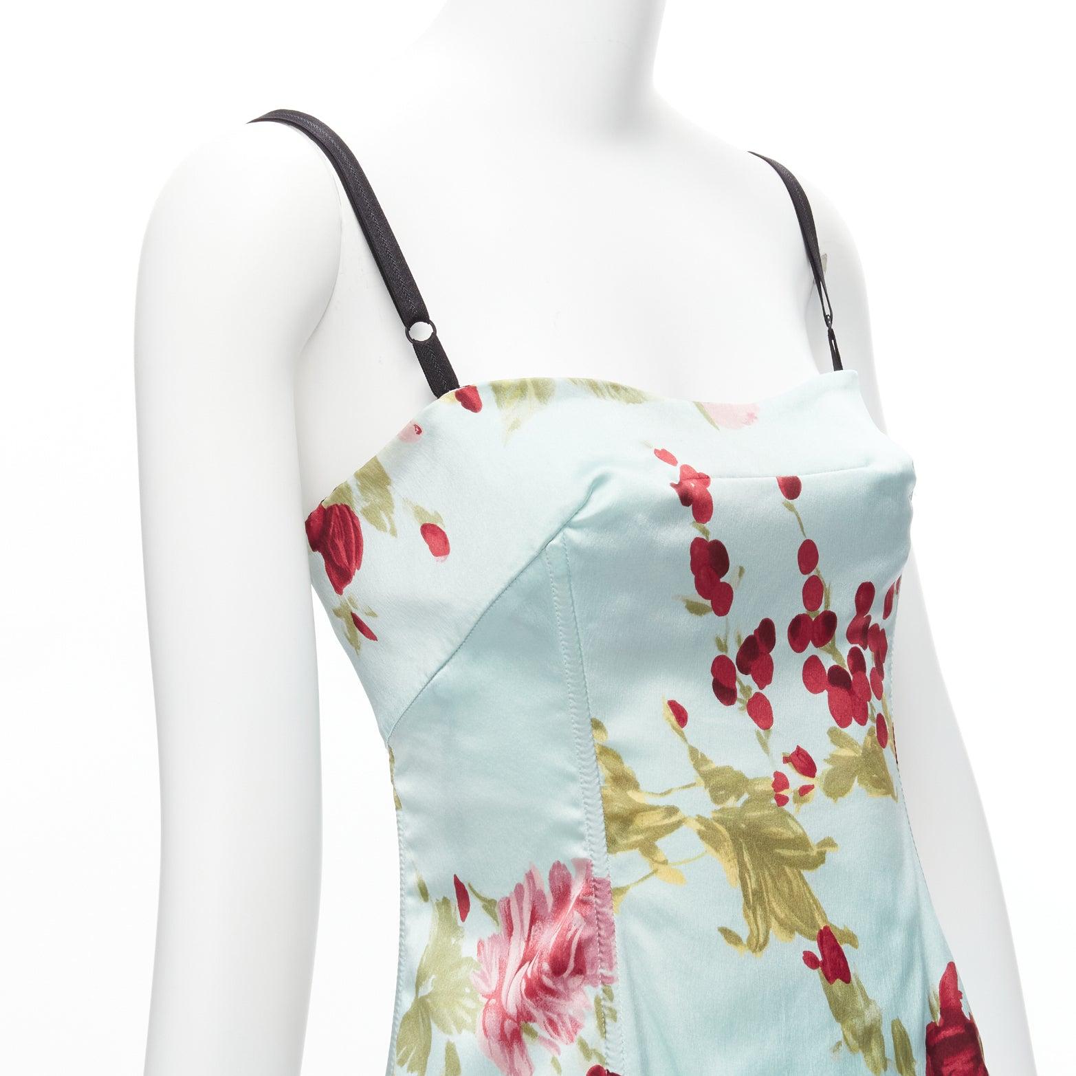 DOLCE GABBANA Vintage baby blue satin red rose print boned cami top IT40A S For Sale 2