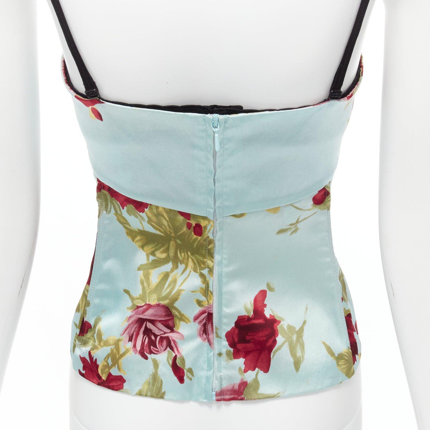 DOLCE GABBANA Vintage baby blue satin red rose print boned cami top IT40A S For Sale 3