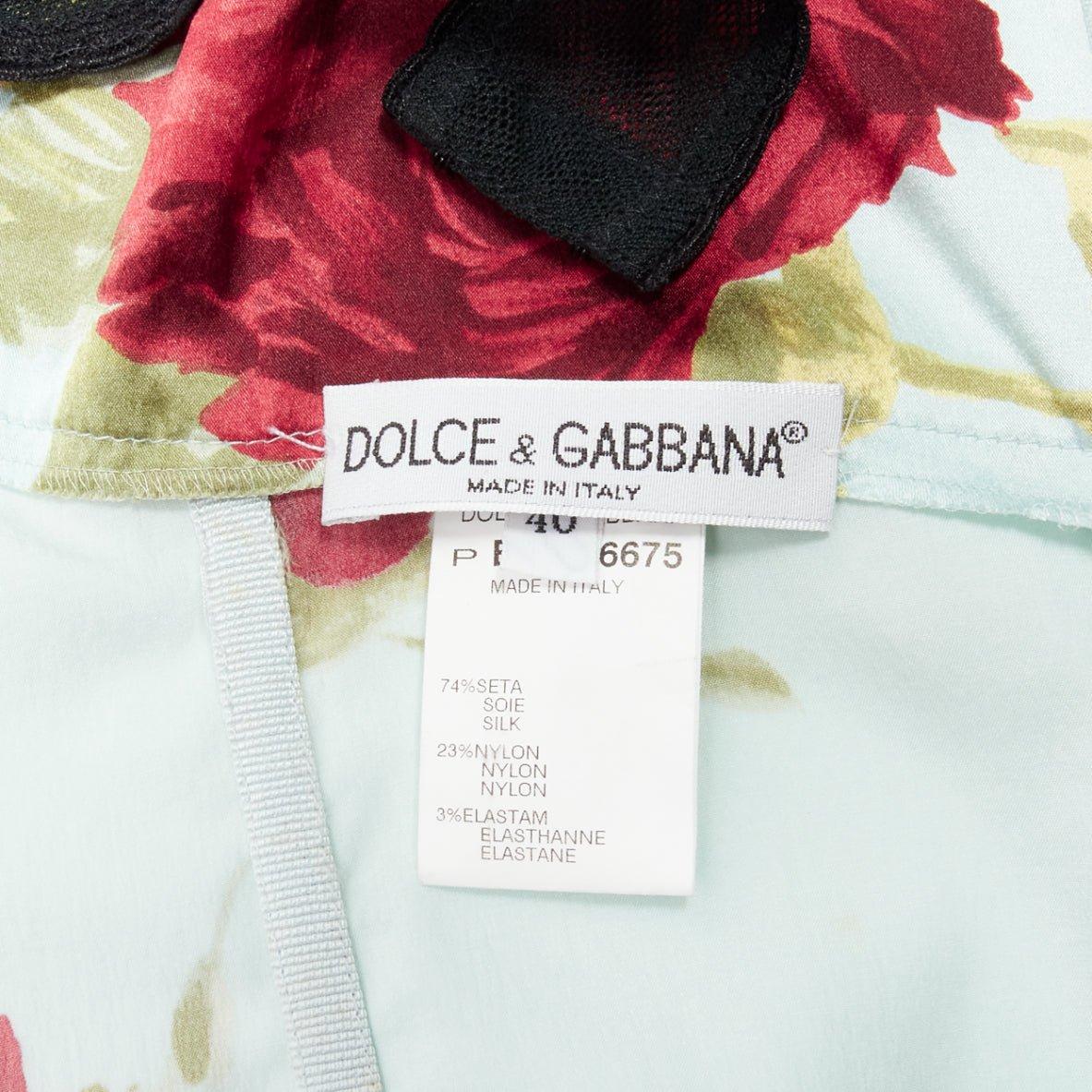 DOLCE GABBANA Vintage baby blue satin red rose print boned cami top IT40A S For Sale 4