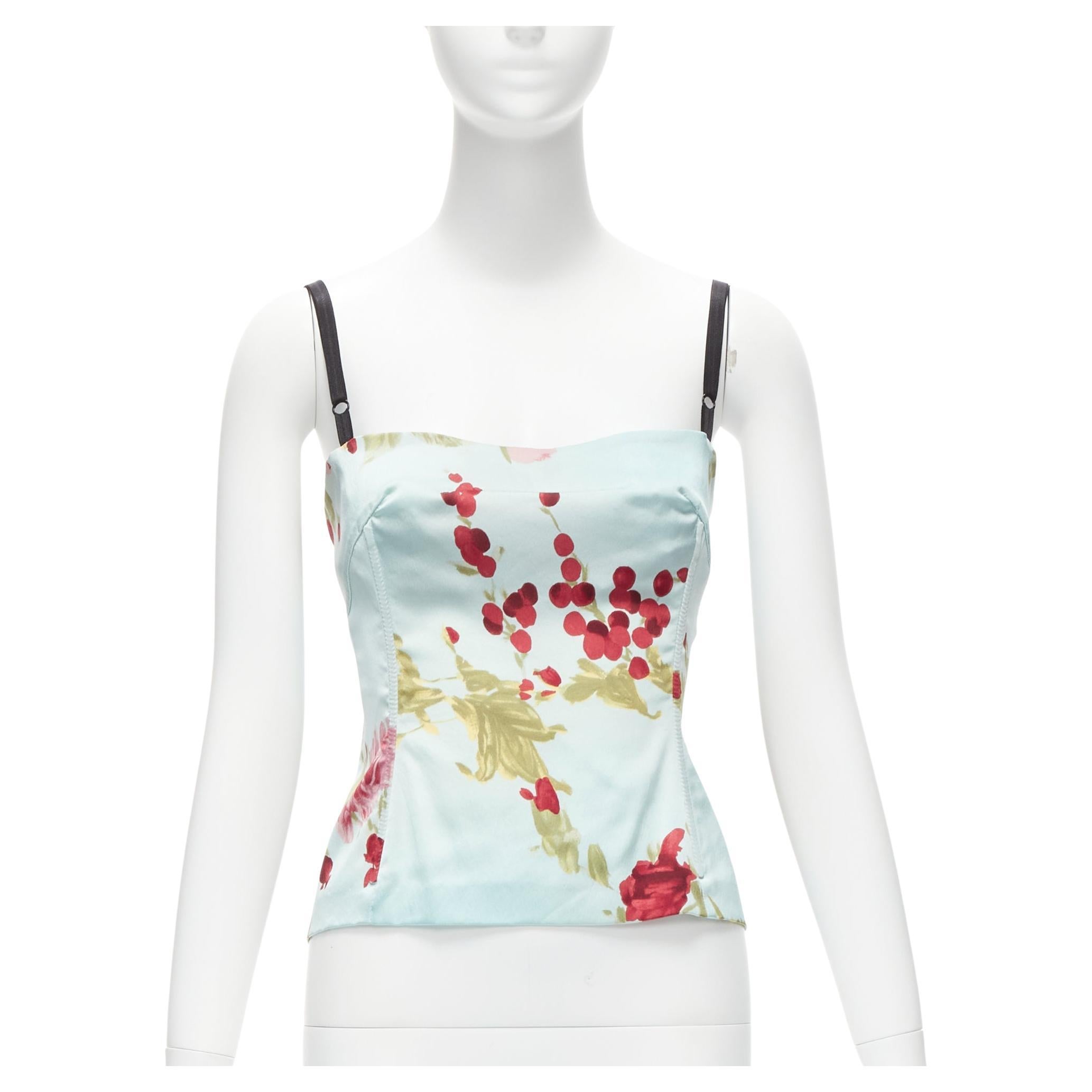 DOLCE GABBANA Vintage baby blue satin red rose print boned cami top IT40A S For Sale