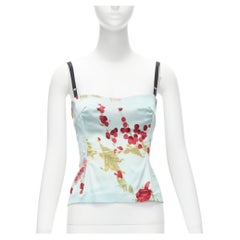DOLCE GABBANA Vintage baby blue satin red rose print boned cami top IT40A S