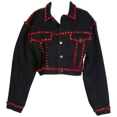 Dolce & Gabbana Vintage Black Denim Jacket Trimmed in Red Jewels, circa 1990s