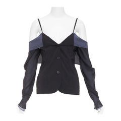 DOLCE GABBANA Top vintage nero grigio freddo off shoulder con bottoni a spaghetto