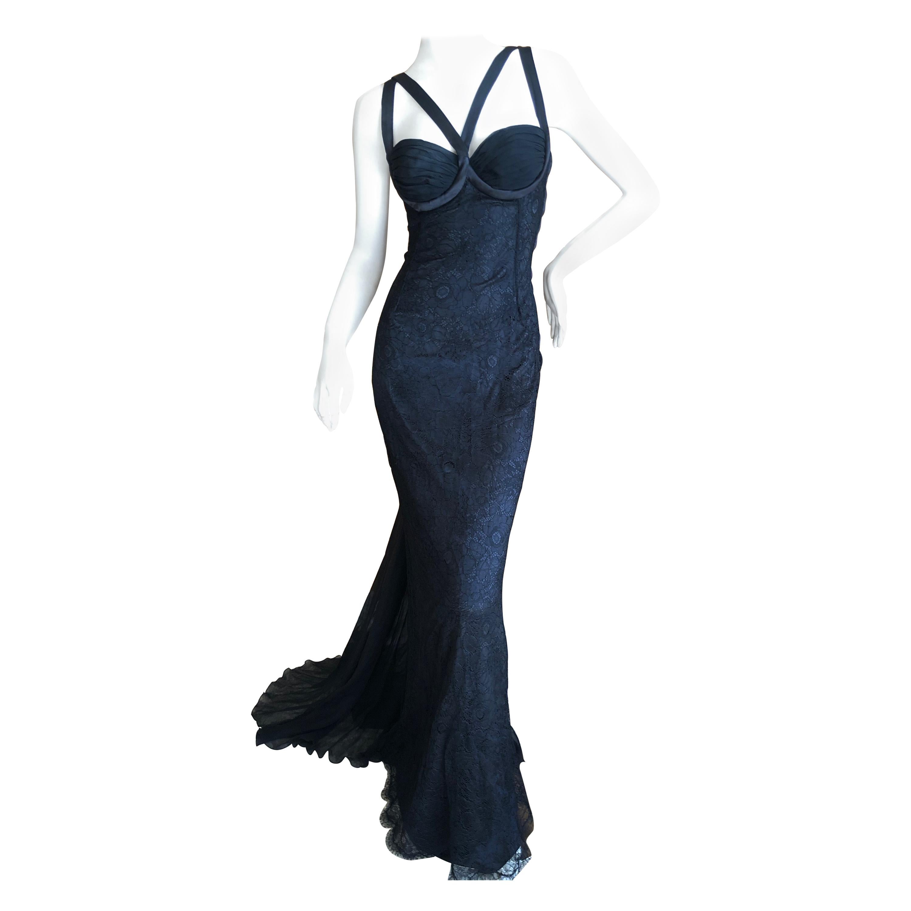 Dolce & Gabbana Vintage Black Lace Corset Evening Gown with Train For Sale