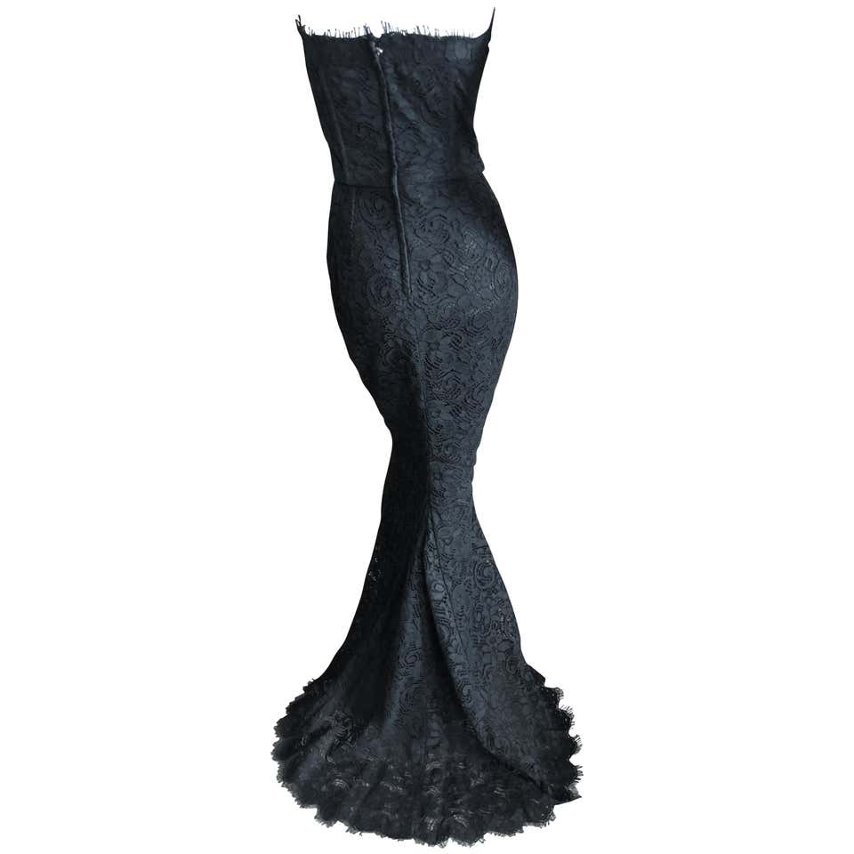 Dolce and Gabbana Vintage Black Lace Corseted Strapless Evening Gown at ...