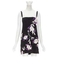 DOLCE GABBANA Mini abito vintage nero viola ricamato con petali floreali IT38 XS