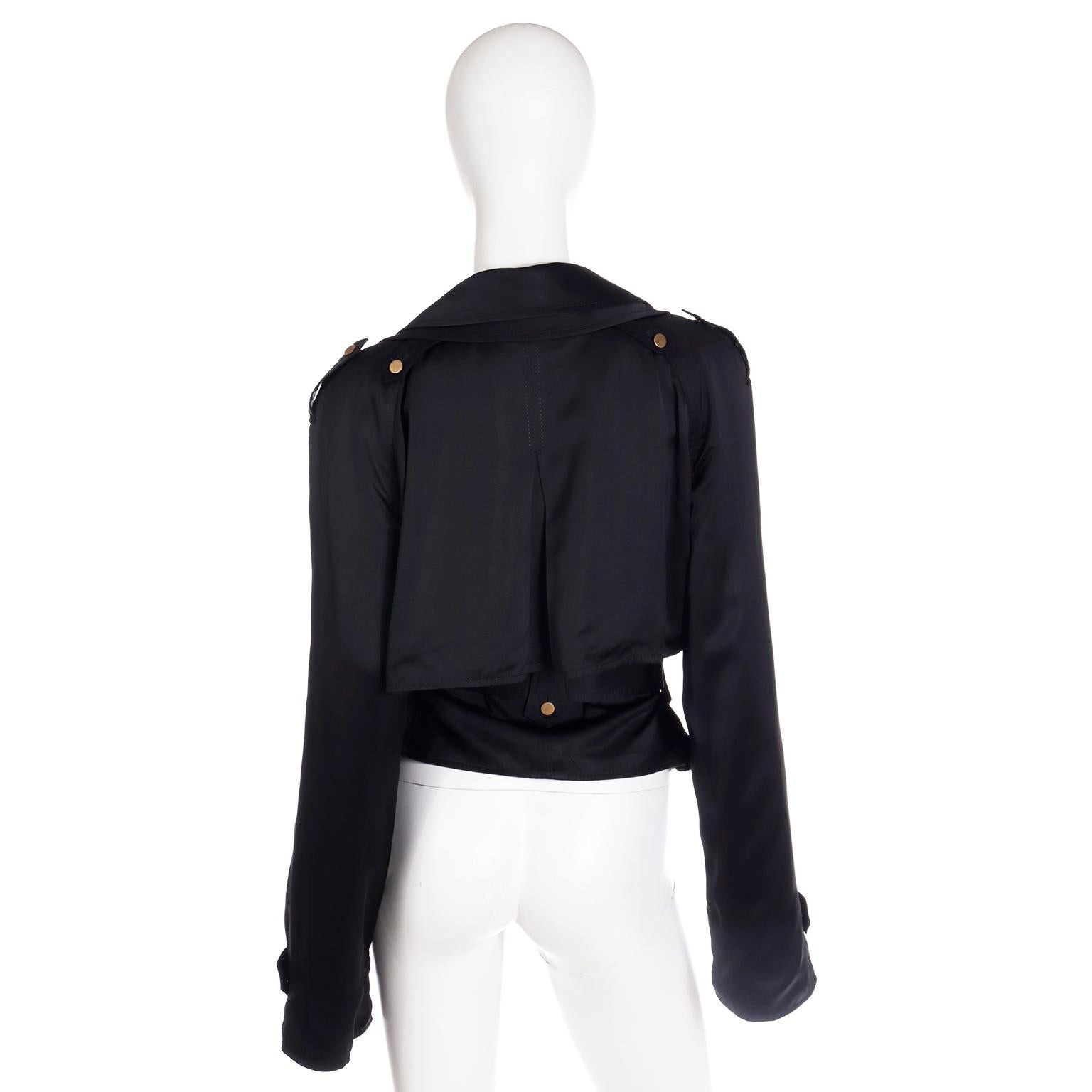 Dolce & Gabbana Vintage Black Satin Cropped Trench Coat Style Jacket With Belt For Sale 1