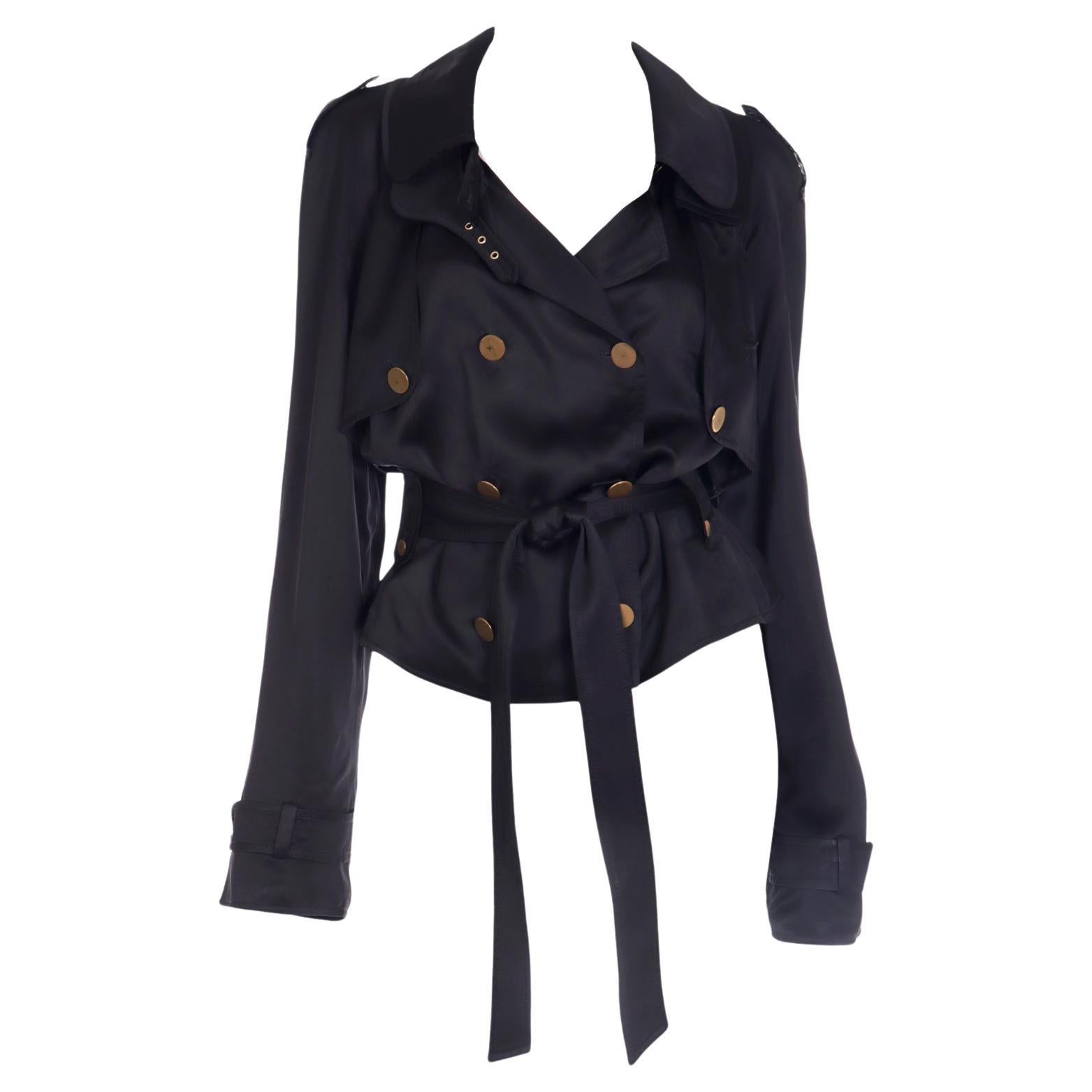 Dolce & Gabbana Vintage Schwarzer Satin Cropped Trenchcoat Stil Jacke mit Gürtel im Angebot