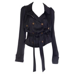 Dolce & Gabbana Vintage Noir Satin Cropped Trench Coat Style Jacket With Belt