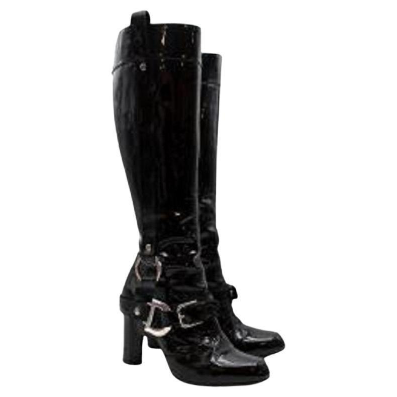 Dolce & Gabbana Vintage Buckle Detail Black Patent Tall Boots For Sale