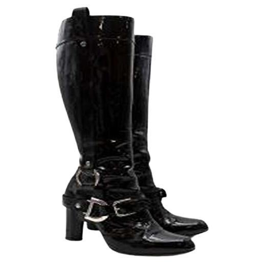 Dolce & Gabbana Vintage Buckle Detail Black Patent Tall Boots For Sale