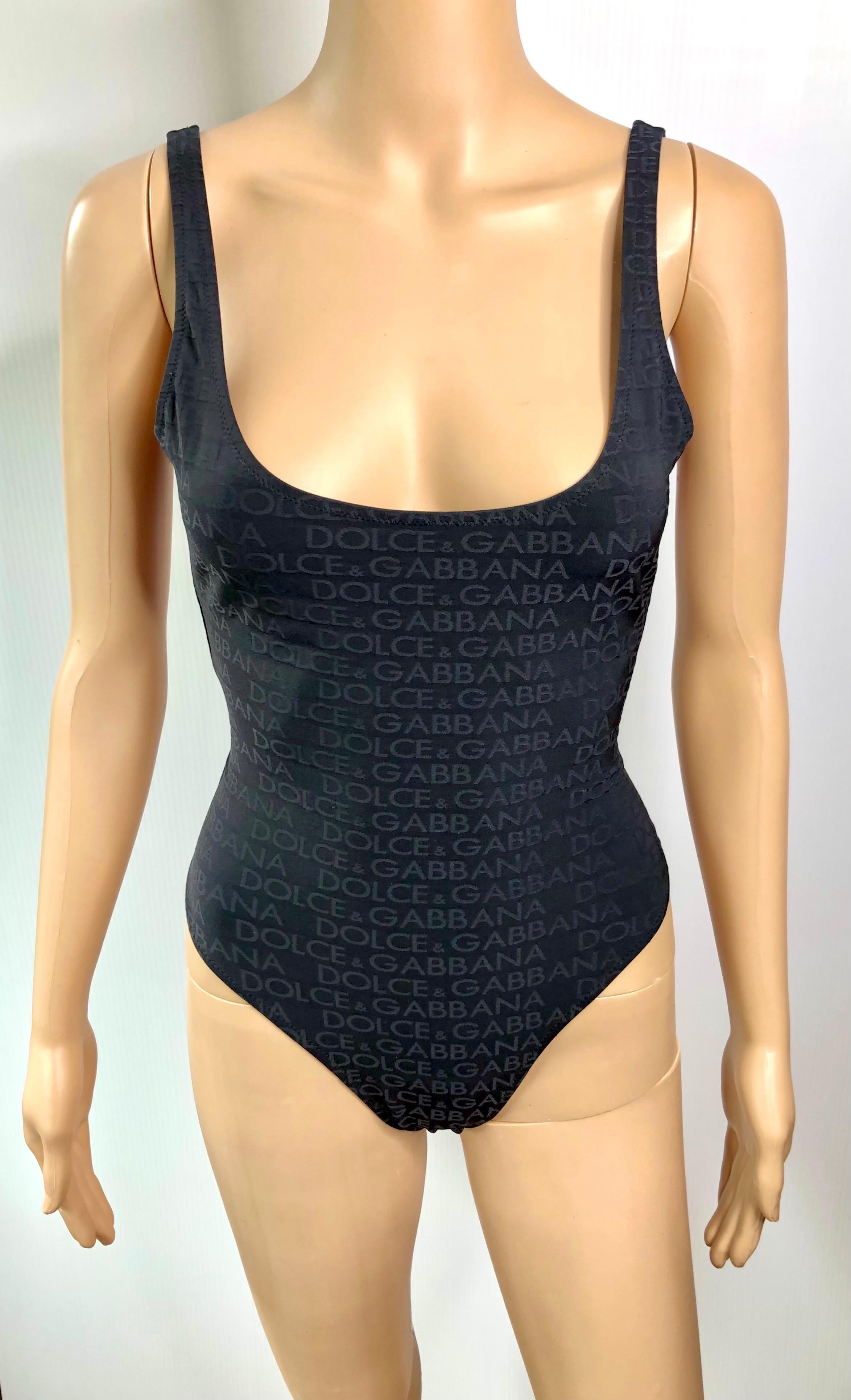 Dolce & Gabbana Vintage c.1990 Logo Monogram Black Bodysuit Swimsuit Swimwear IT 42 / M
