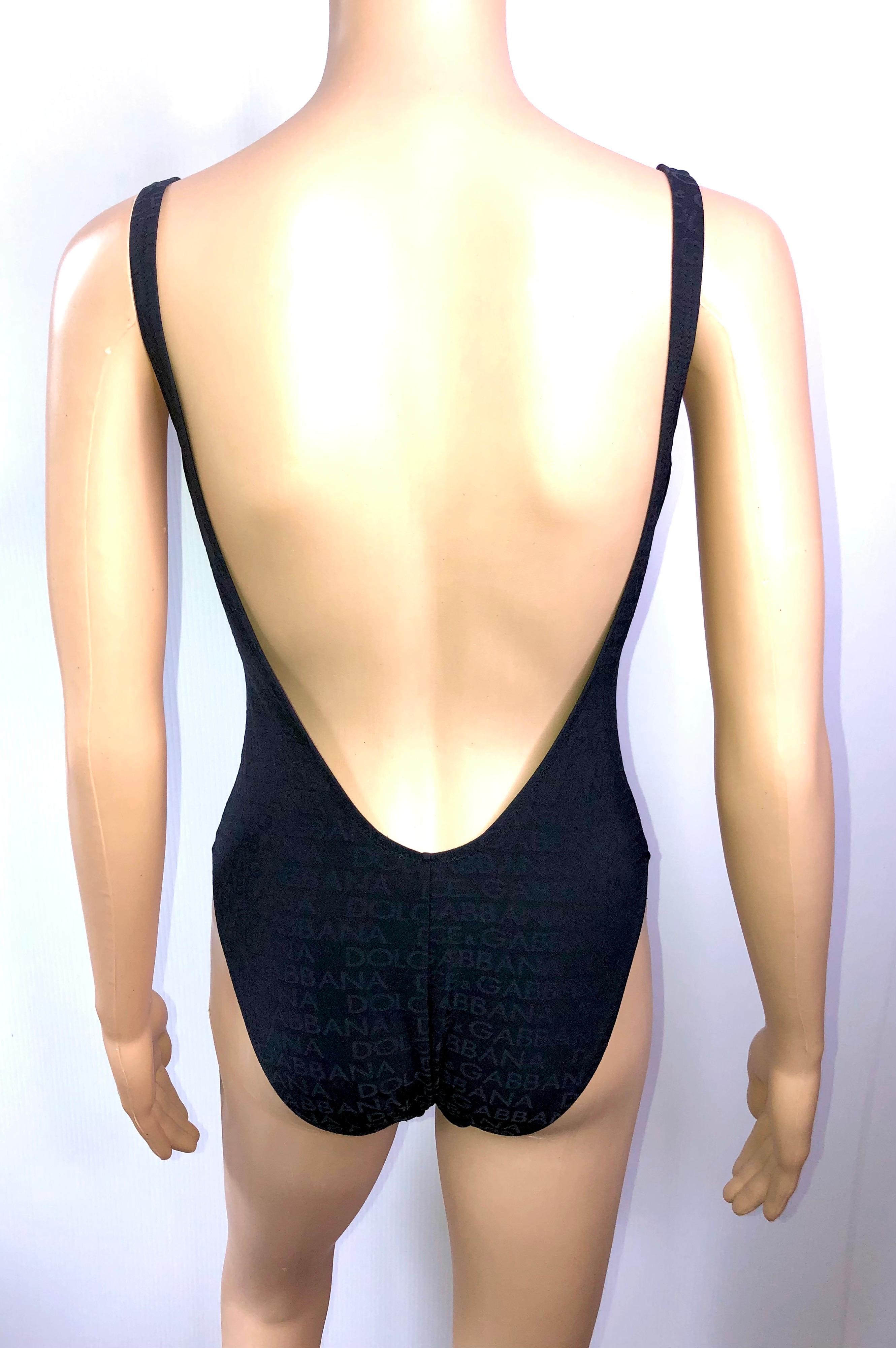 Dolce & Gabbana Vintage c.1990 Logo Monogram Black Bodysuit Swimsuit Swimwear In Excellent Condition For Sale In Naples, FL