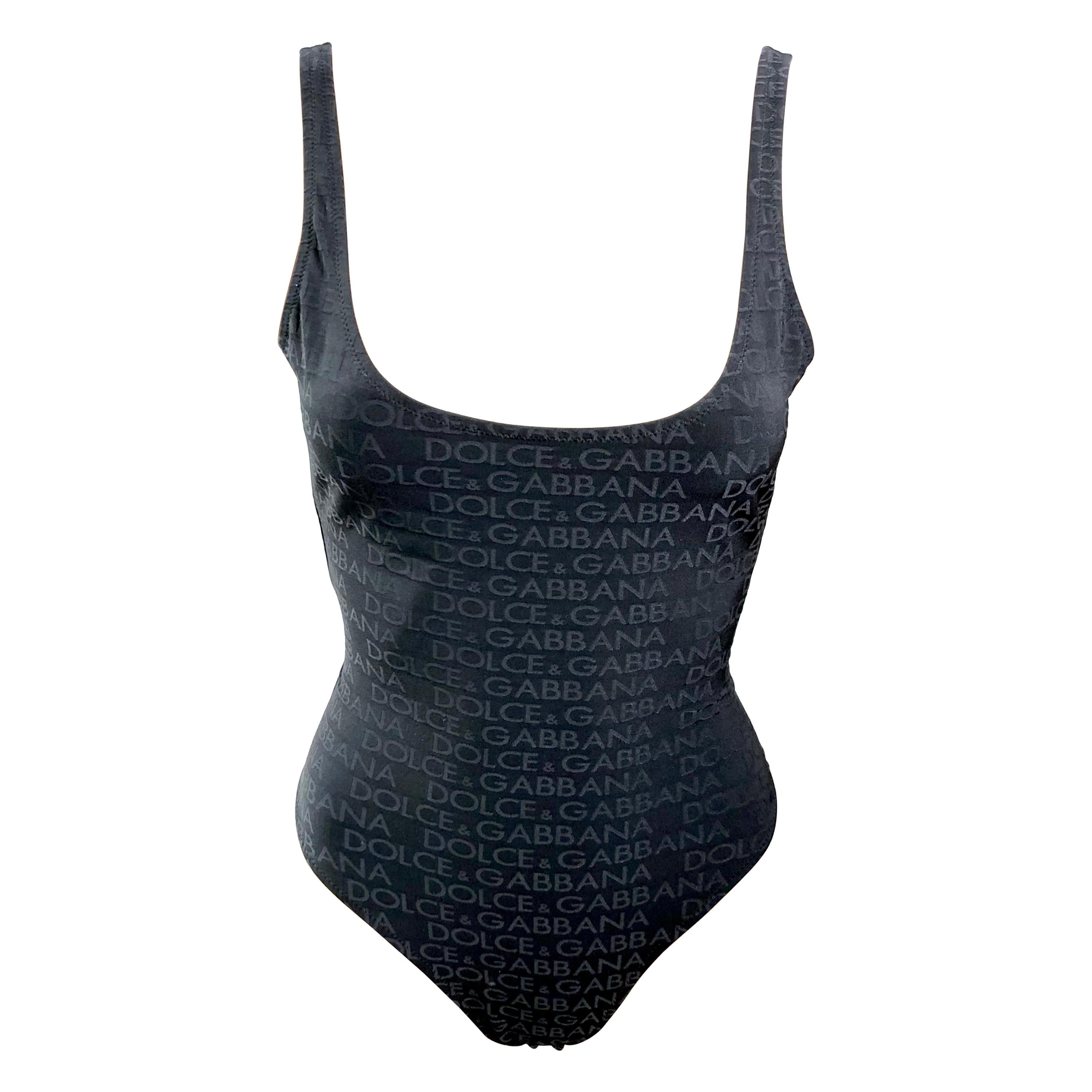 Dolce & Gabbana Vintage c.1990 Logo Monogram Black Bodysuit Swimsuit Swimwear For Sale