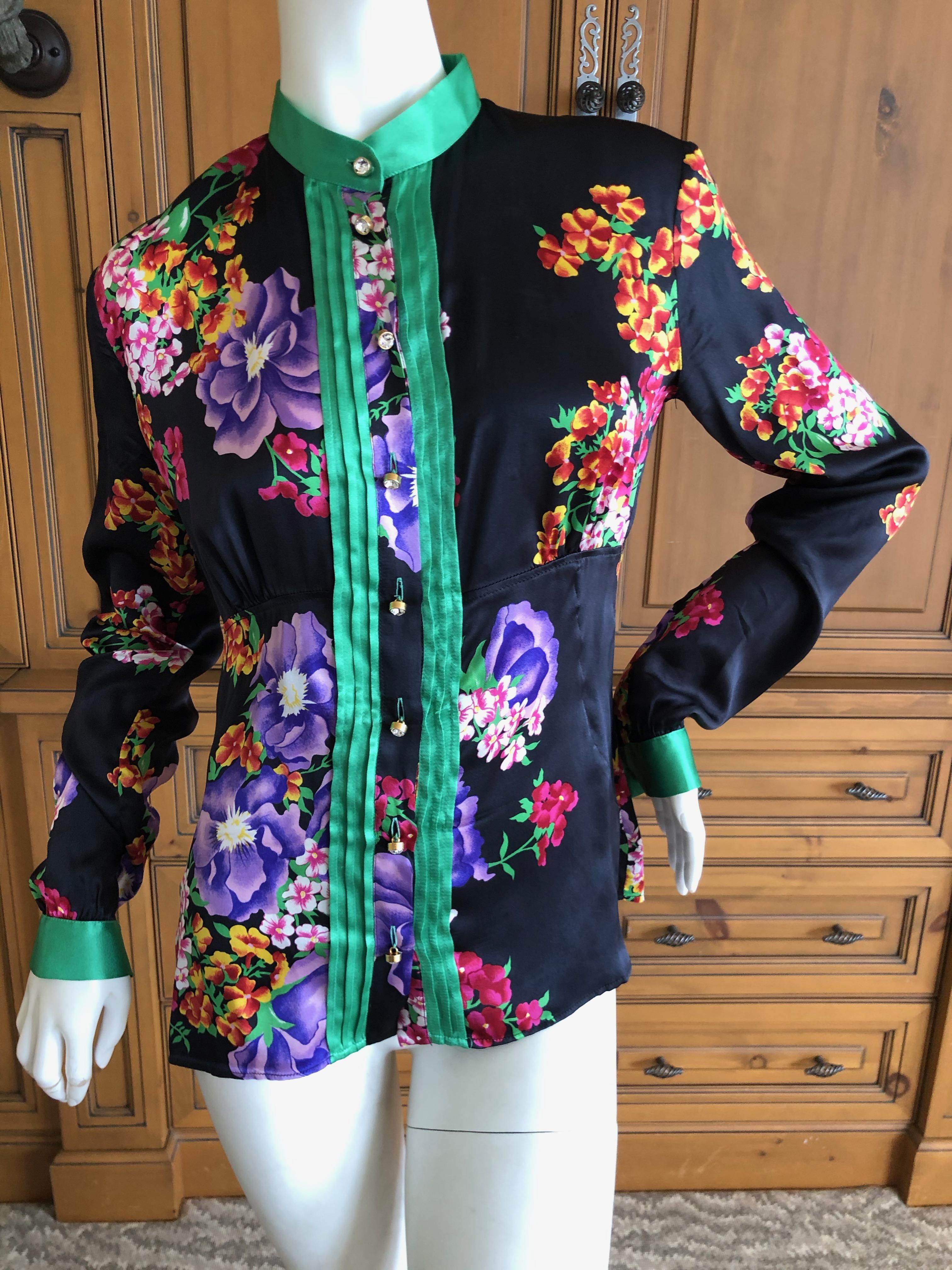 Dolce & Gabbana D&G Vintage Silk Floral Blouse with Large Crystal Buttons 
Size 40
Bust 36