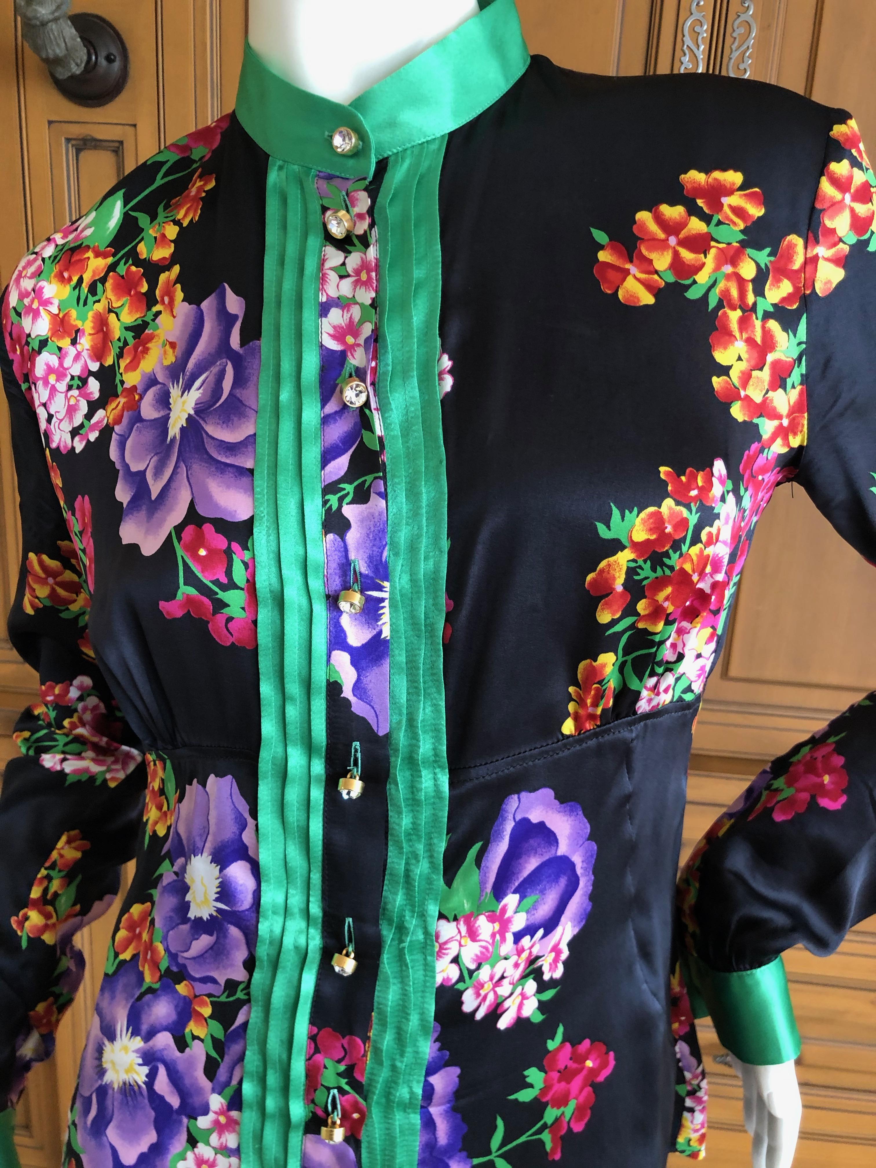 Black Dolce & Gabbana Vintage D&G Silk Floral Blouse with Large Crystal Buttons  For Sale