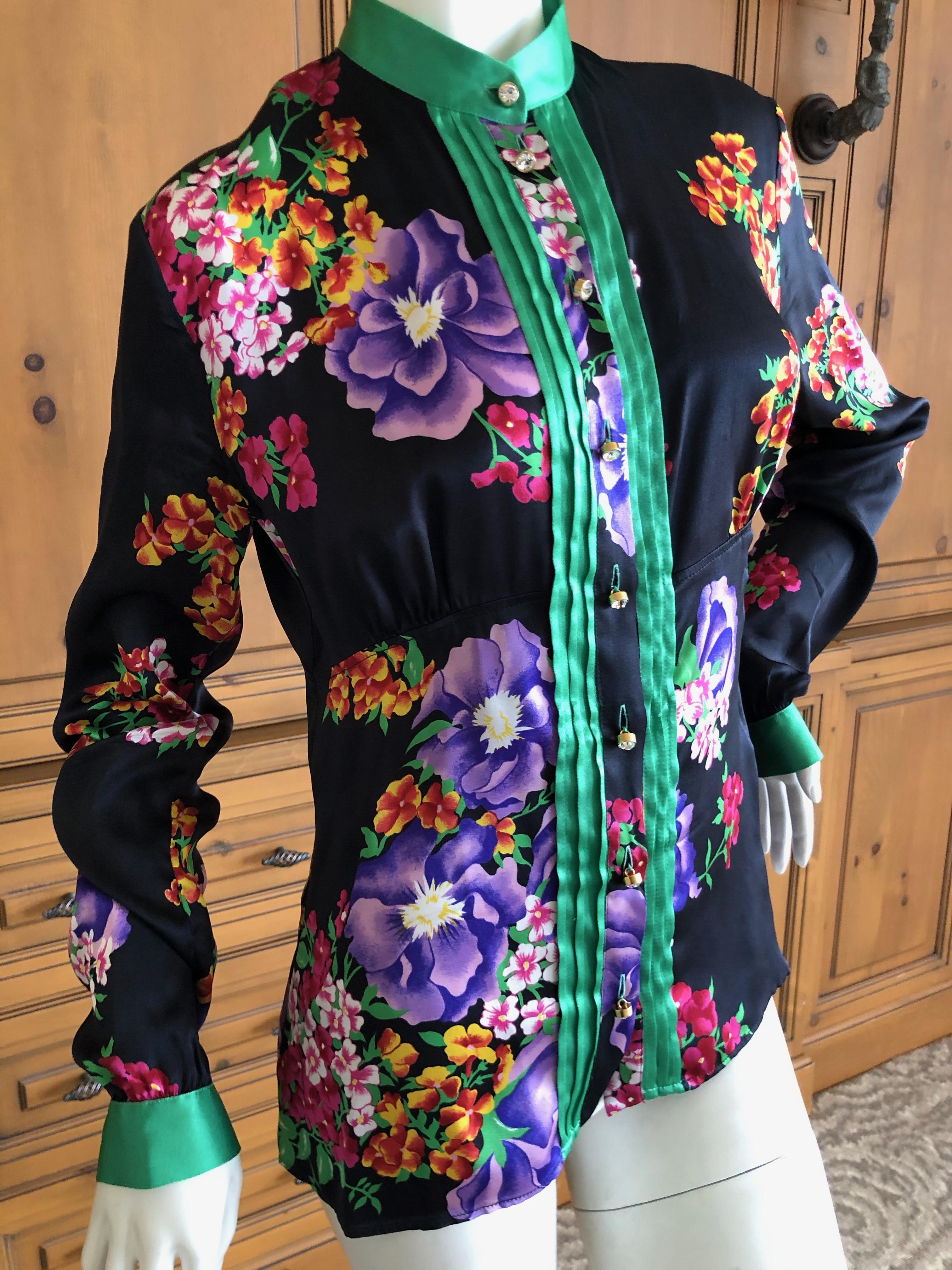 Dolce & Gabbana Vintage D&G Silk Floral Blouse with Large Crystal Buttons  For Sale 1