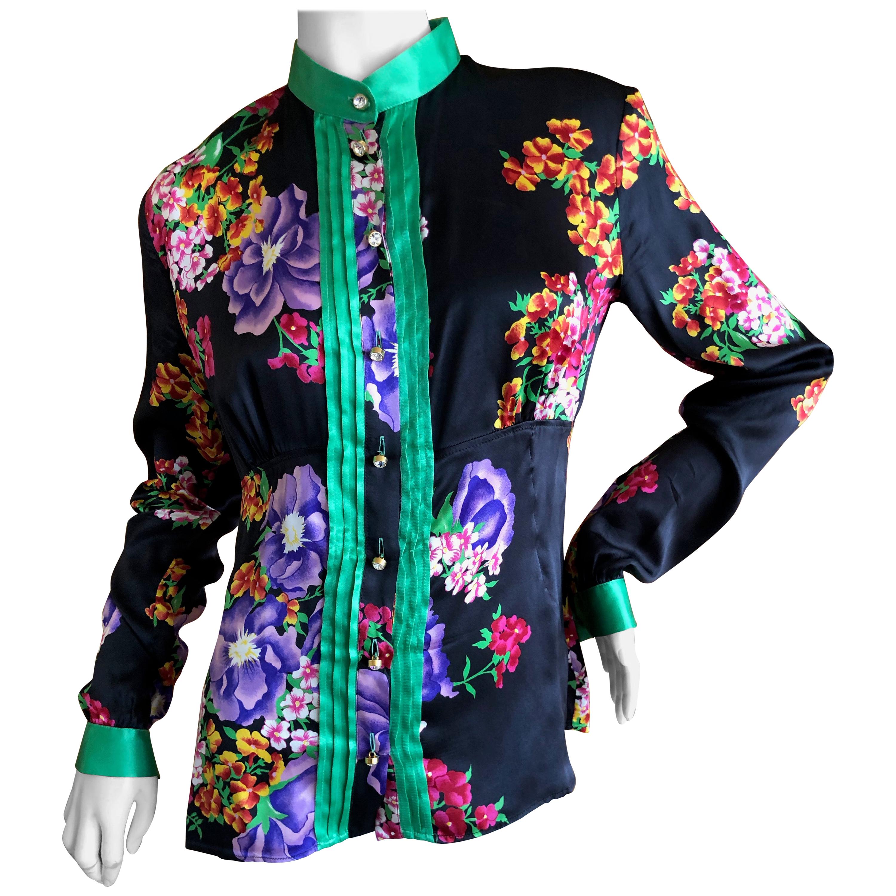 Dolce & Gabbana Vintage D&G Silk Floral Blouse with Large Crystal Buttons  For Sale