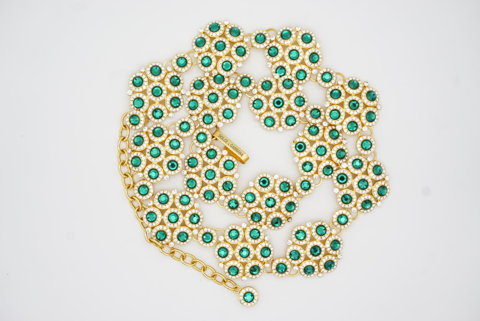 DOLCE & GABBANA Vintage Emerald Green Crystals Floral Interlock Belt Necklace 7