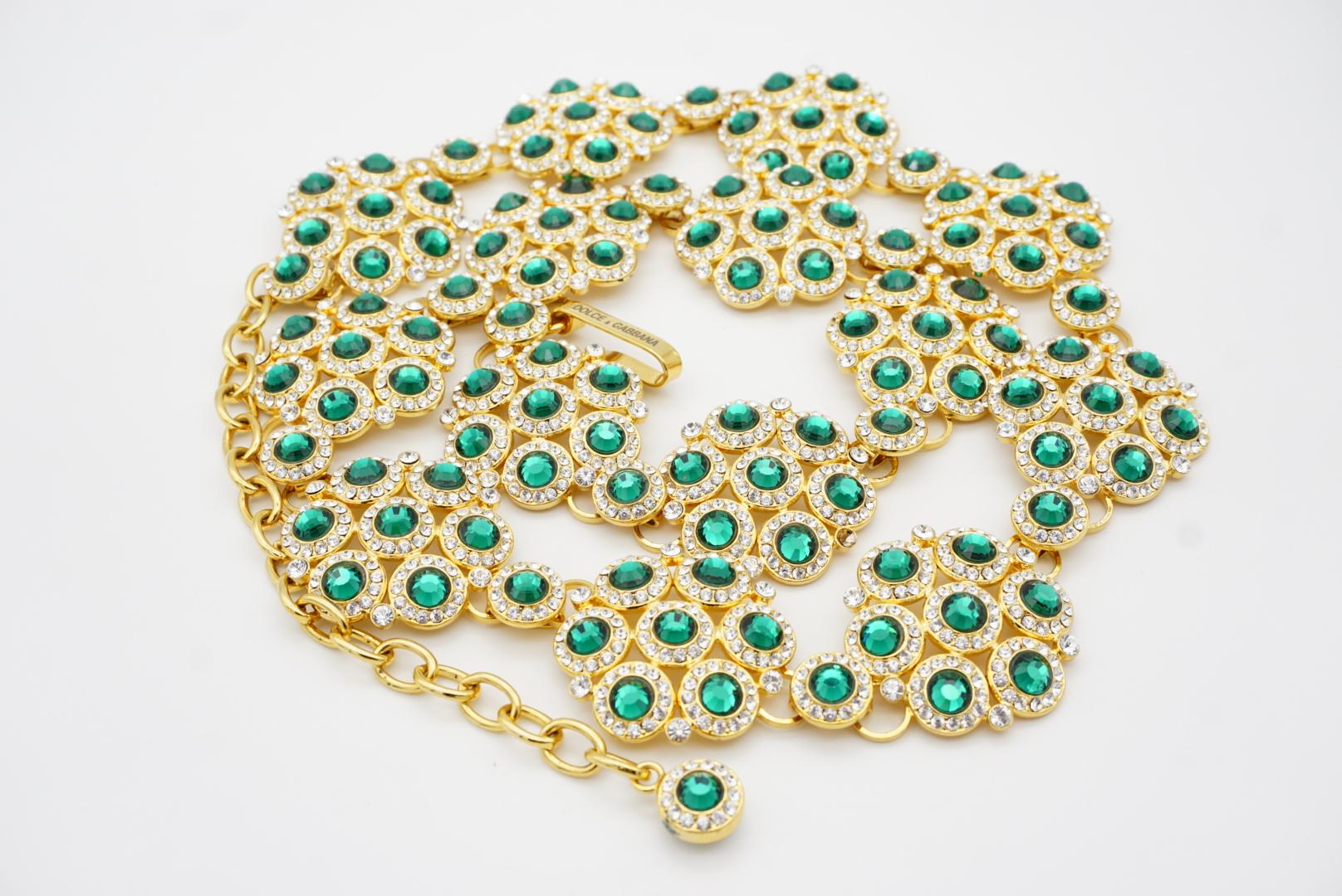 DOLCE & GABBANA Vintage Emerald Green Crystals Floral Interlock Belt Necklace 8