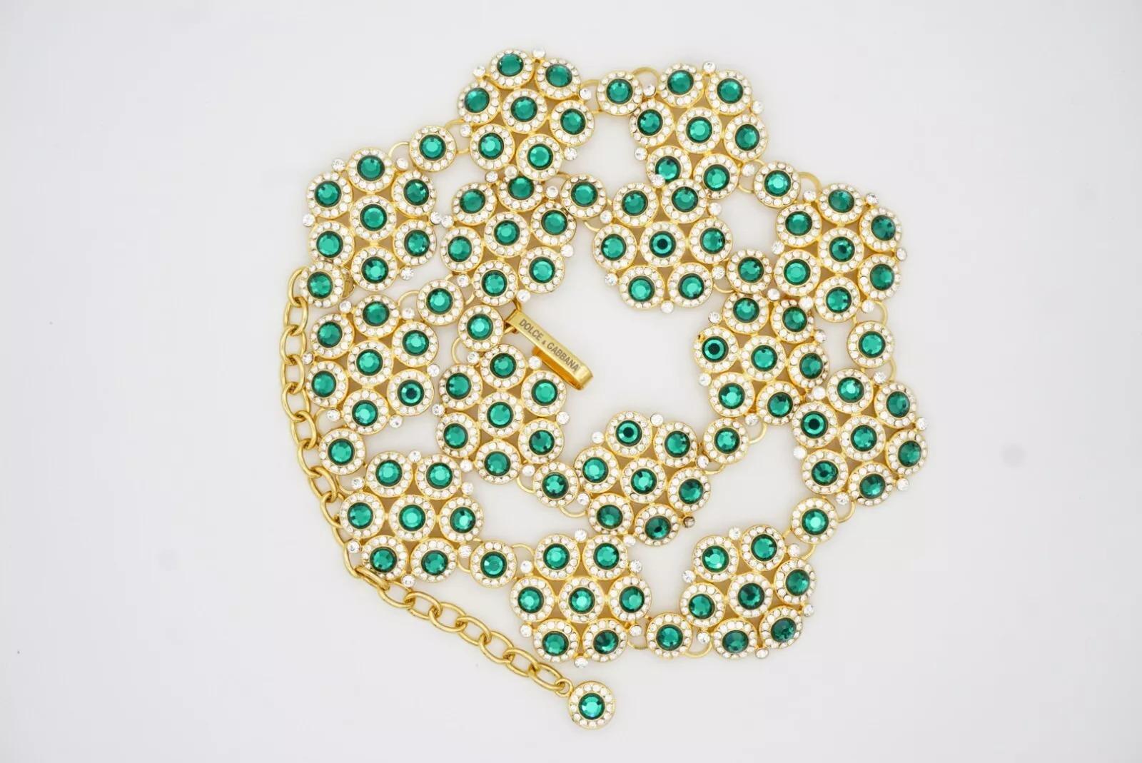 DOLCE & GABBANA Vintage Emerald Green Crystals Floral Interlock Belt Necklace For Sale 8