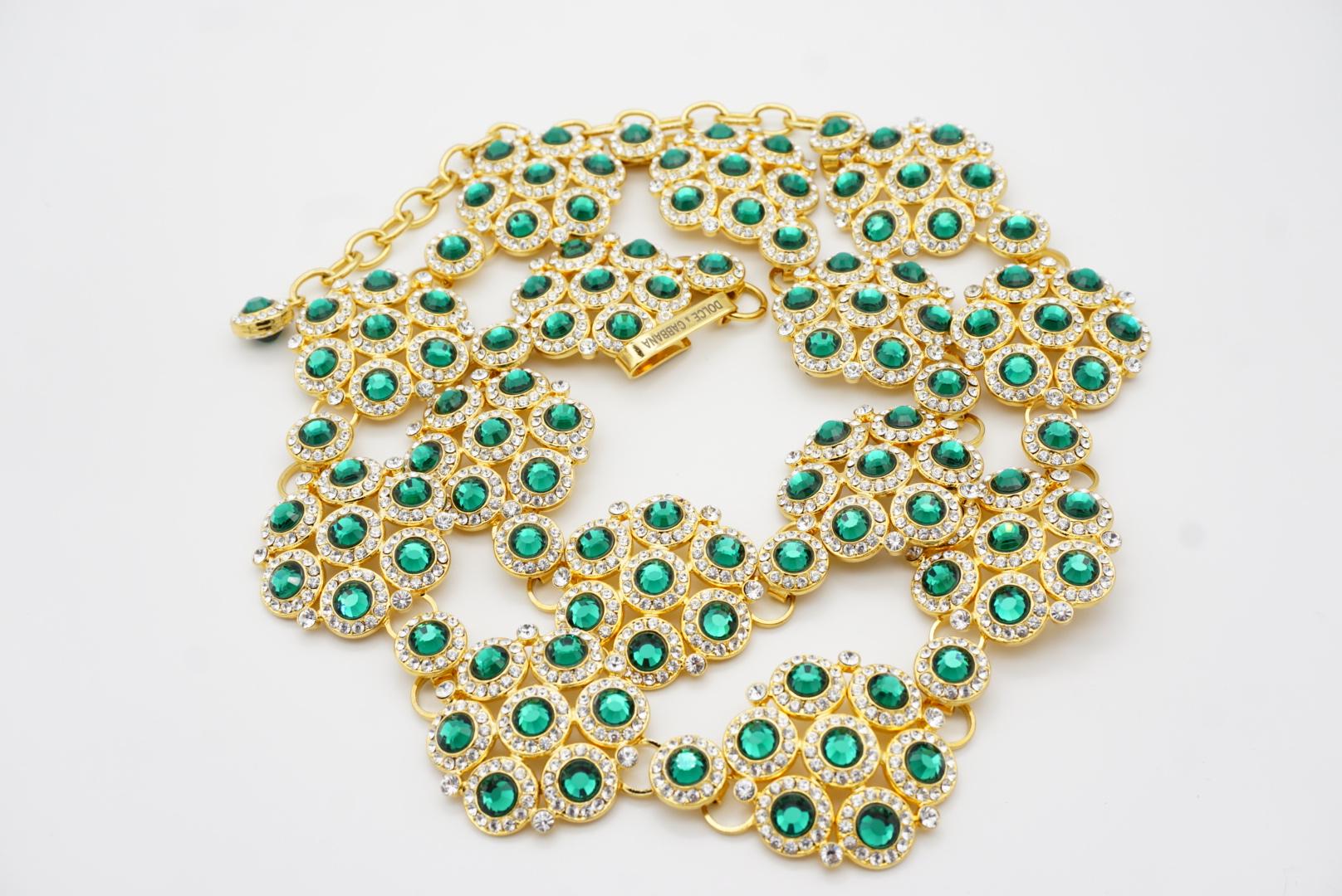 DOLCE & GABBANA Vintage Emerald Green Crystals Floral Interlock Belt Necklace For Sale 9