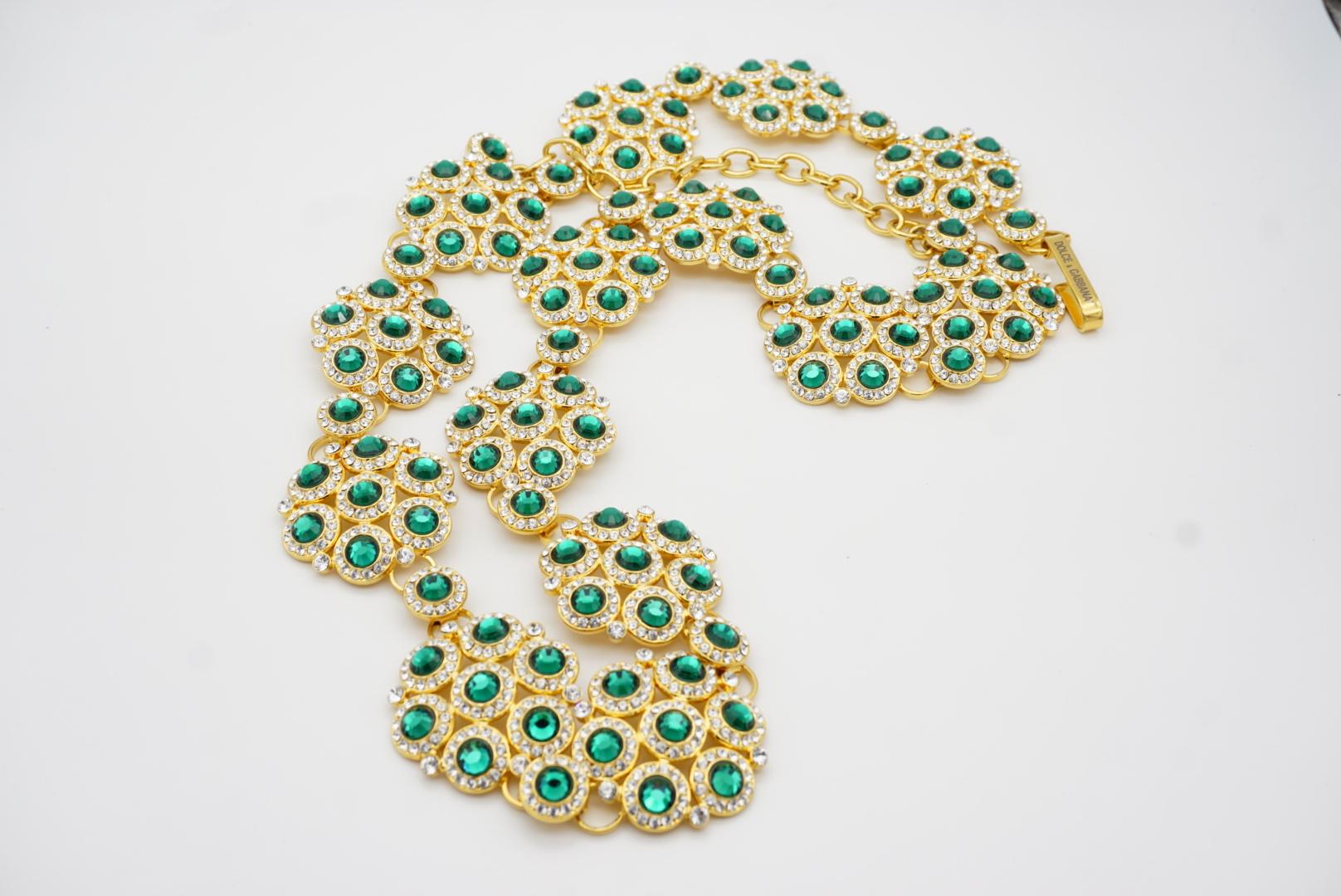 DOLCE & GABBANA Vintage Emerald Green Crystals Floral Interlock Belt Necklace 11