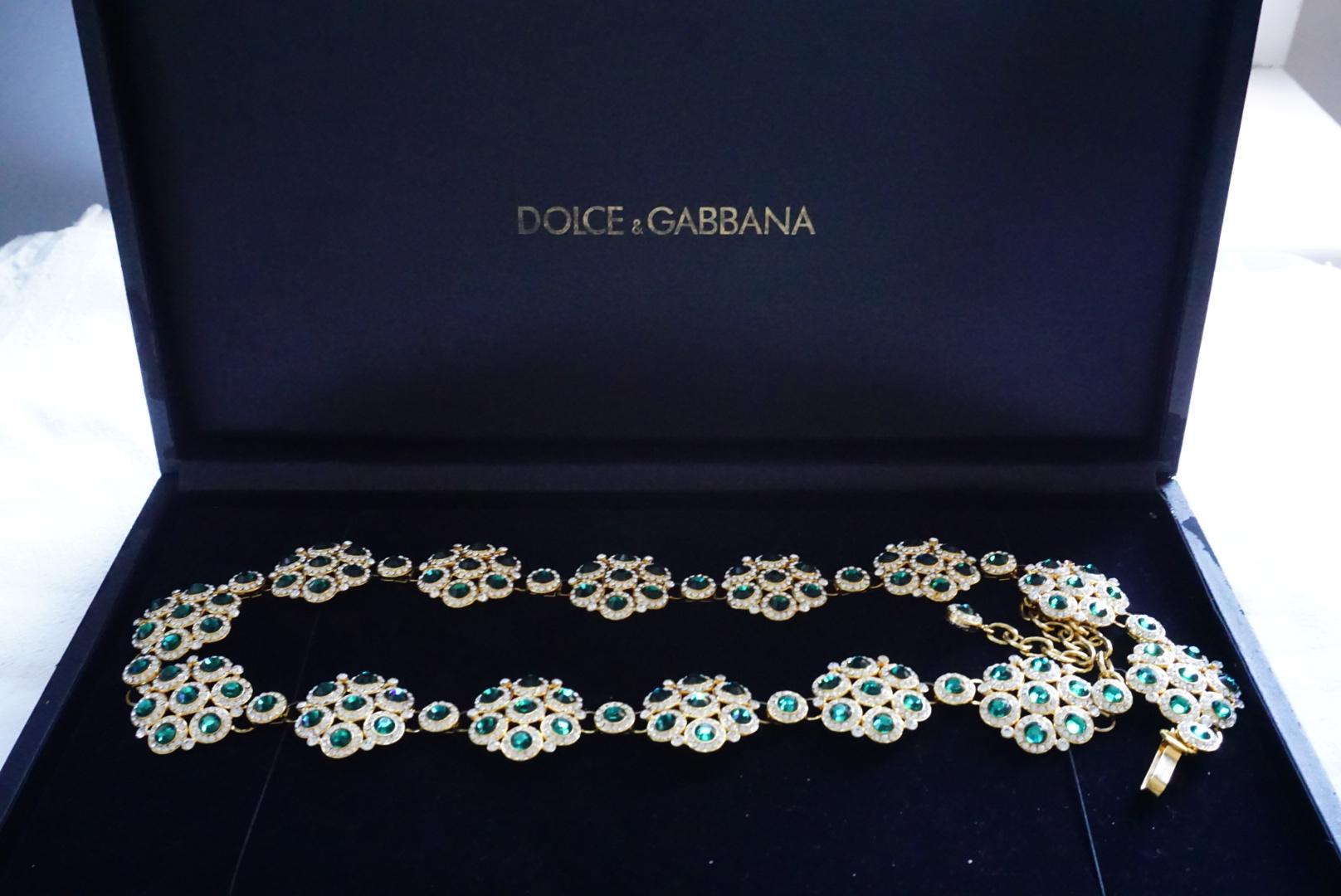 DOLCE & GABBANA Vintage Emerald Green Crystals Floral Interlock Belt Necklace 14