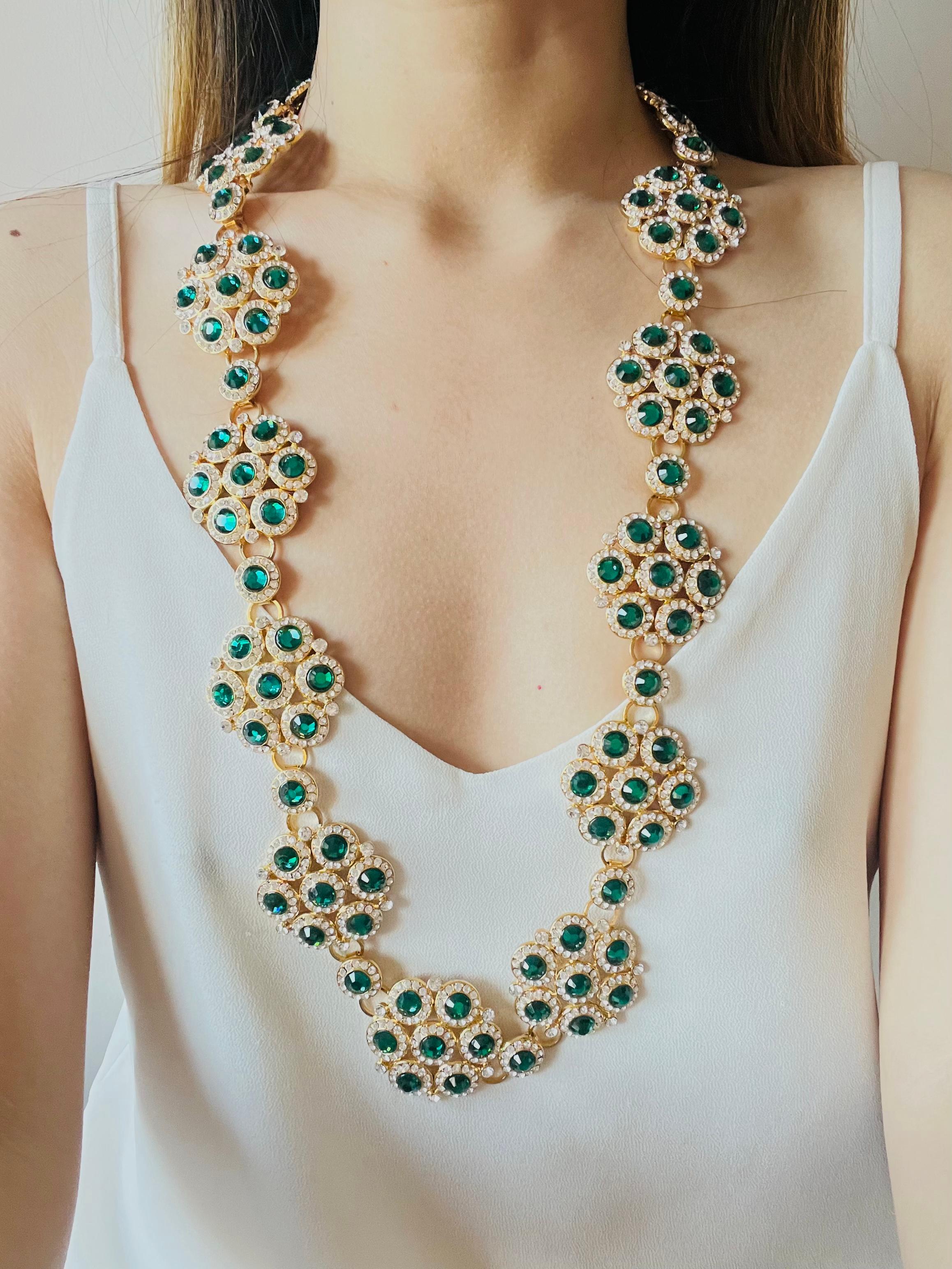 DOLCE & GABBANA Vintage Emerald Green Crystals Floral Interlock Belt Necklace 3