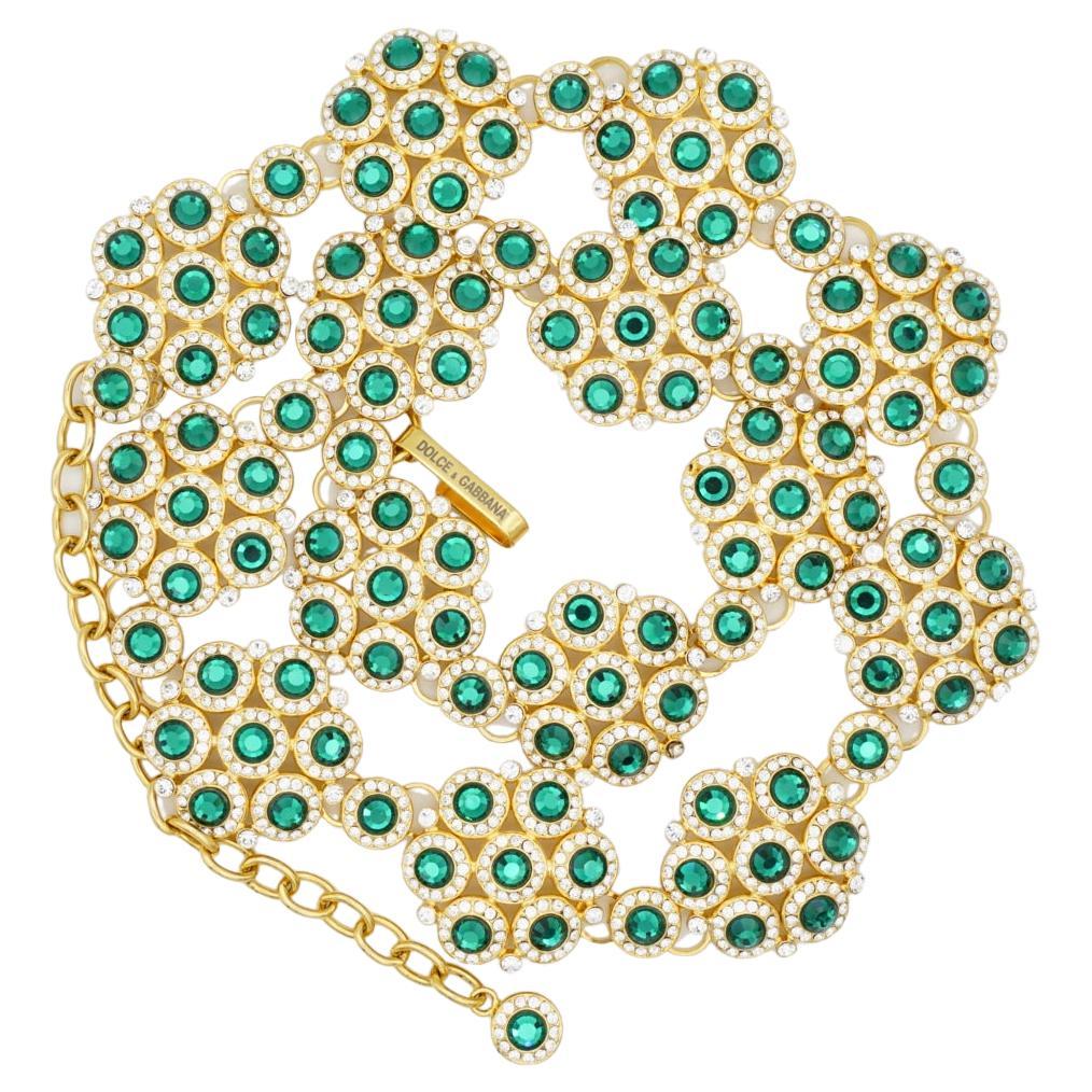 DOLCE & GABBANA Vintage Emerald Green Crystals Floral Interlock Belt Necklace For Sale