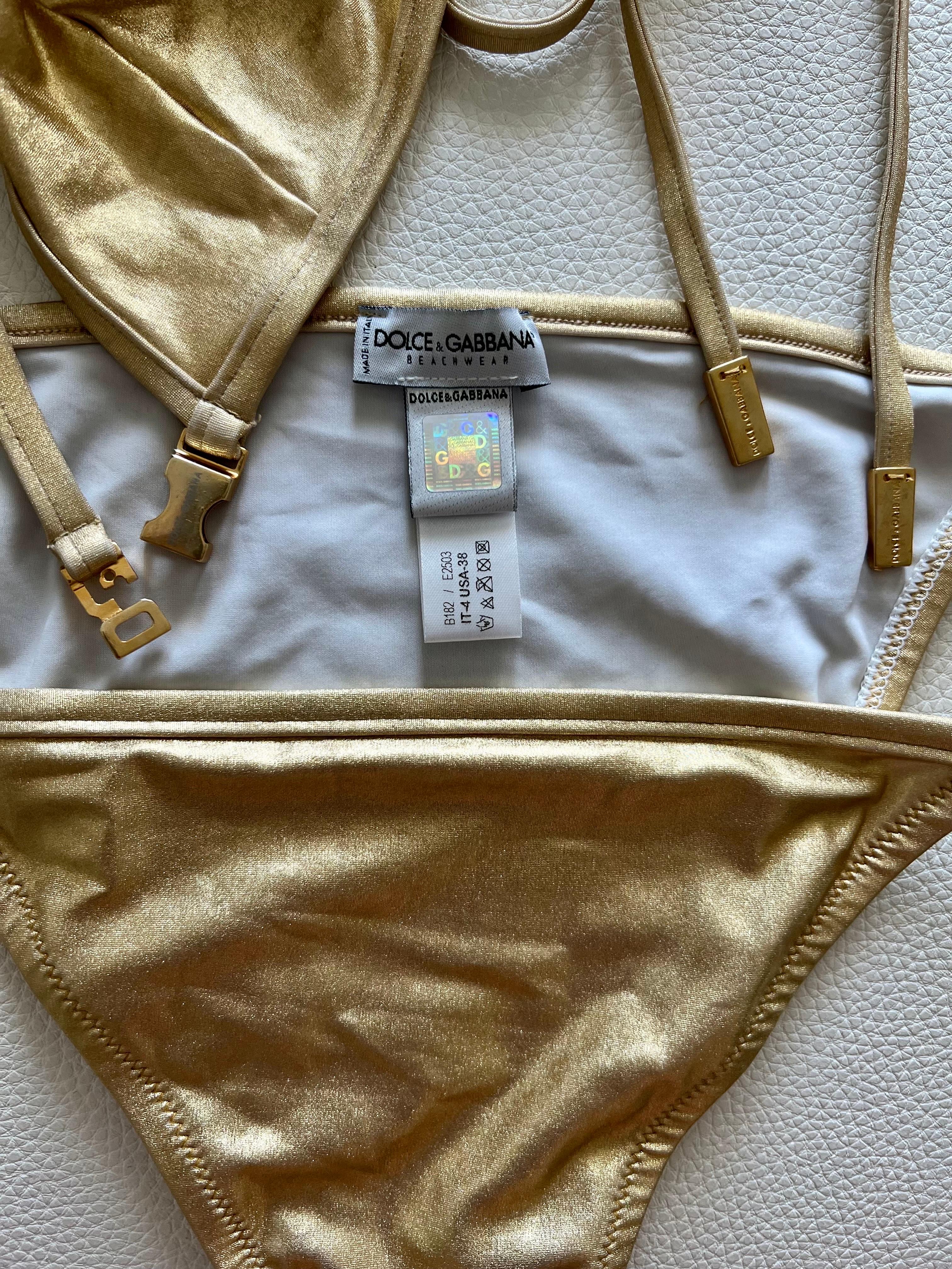 Dolce & Gabbana Vintage Gold Logo Wet Look Bikini Swimwear Swimsuit 2 Piece Set 5