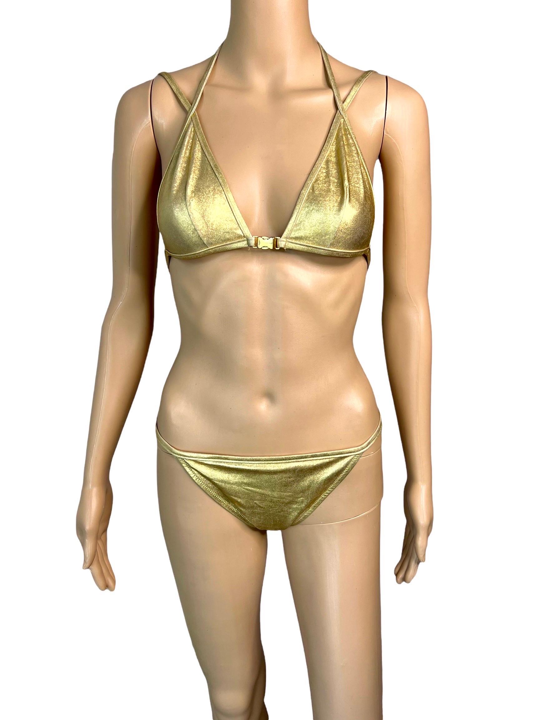 Dolce & Gabbana Vintage Metallic Gold Logo Wet Look Bikini Swimwear Swimsuit 2 Piece Set IT 38